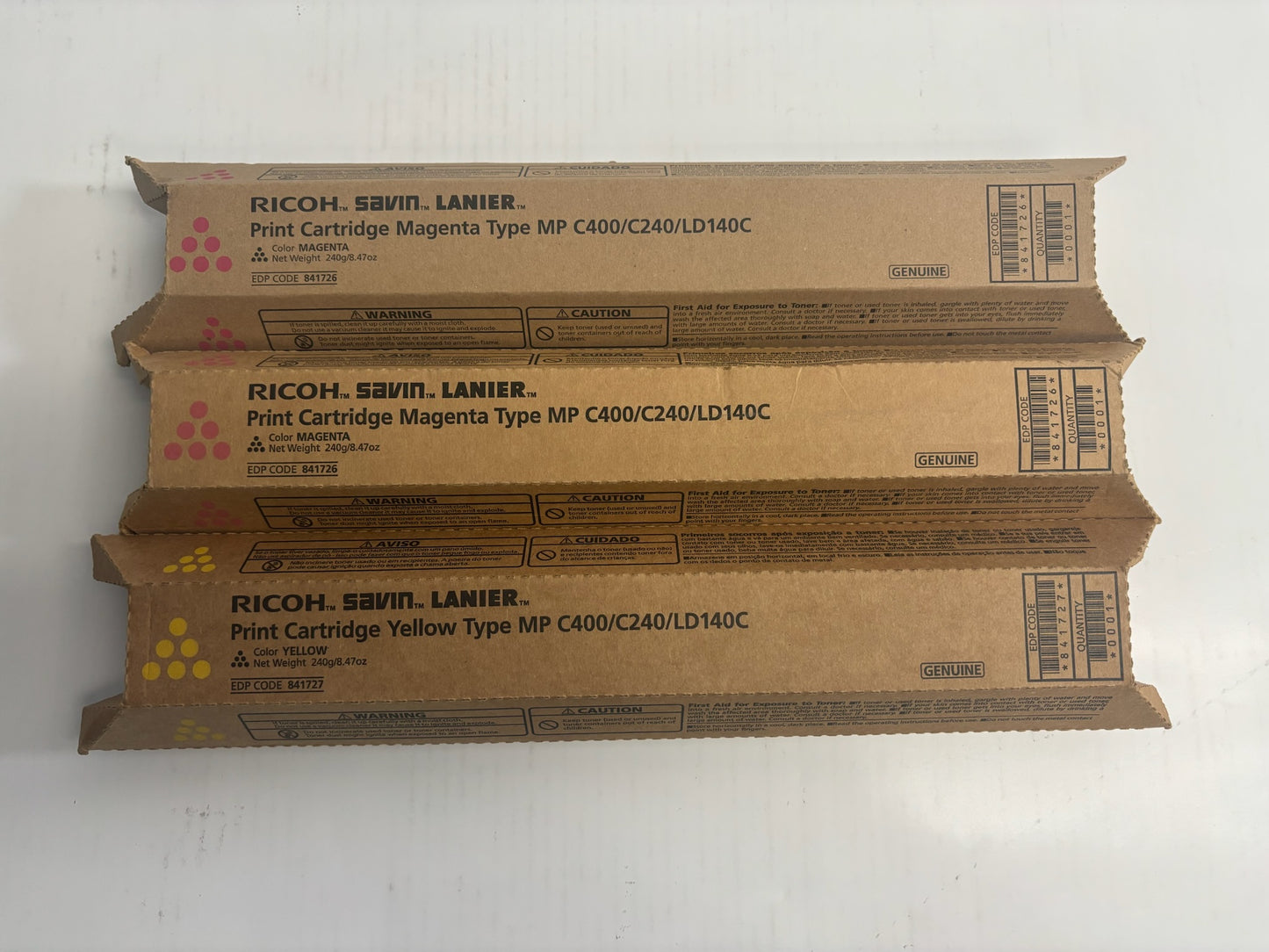 3 Genuine Ricoh MP C400, C240, LD240C Magenta & Yellow Toners 841726, 841727