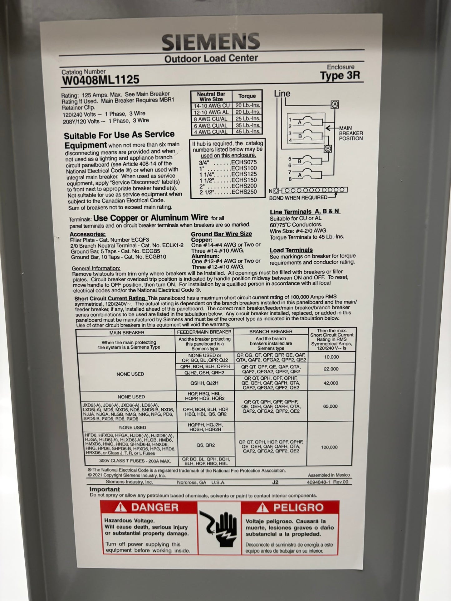 Siemens (W0408ML1125U) Load Center , Gray, 125 Amps