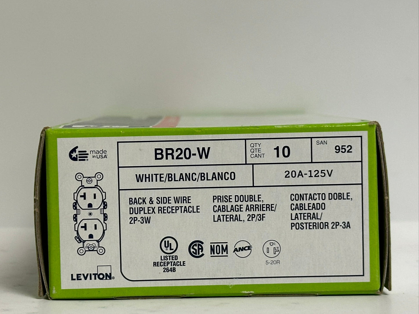 20 PK Leviton (BR20-W) Commercial Grade Duplex Receptacle, 20 Amp, 125 Volt