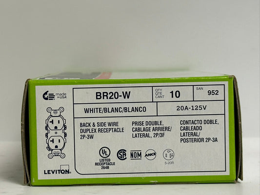 20 PK Leviton (BR20-W) Commercial Grade Duplex Receptacle, 20 Amp, 125 Volt