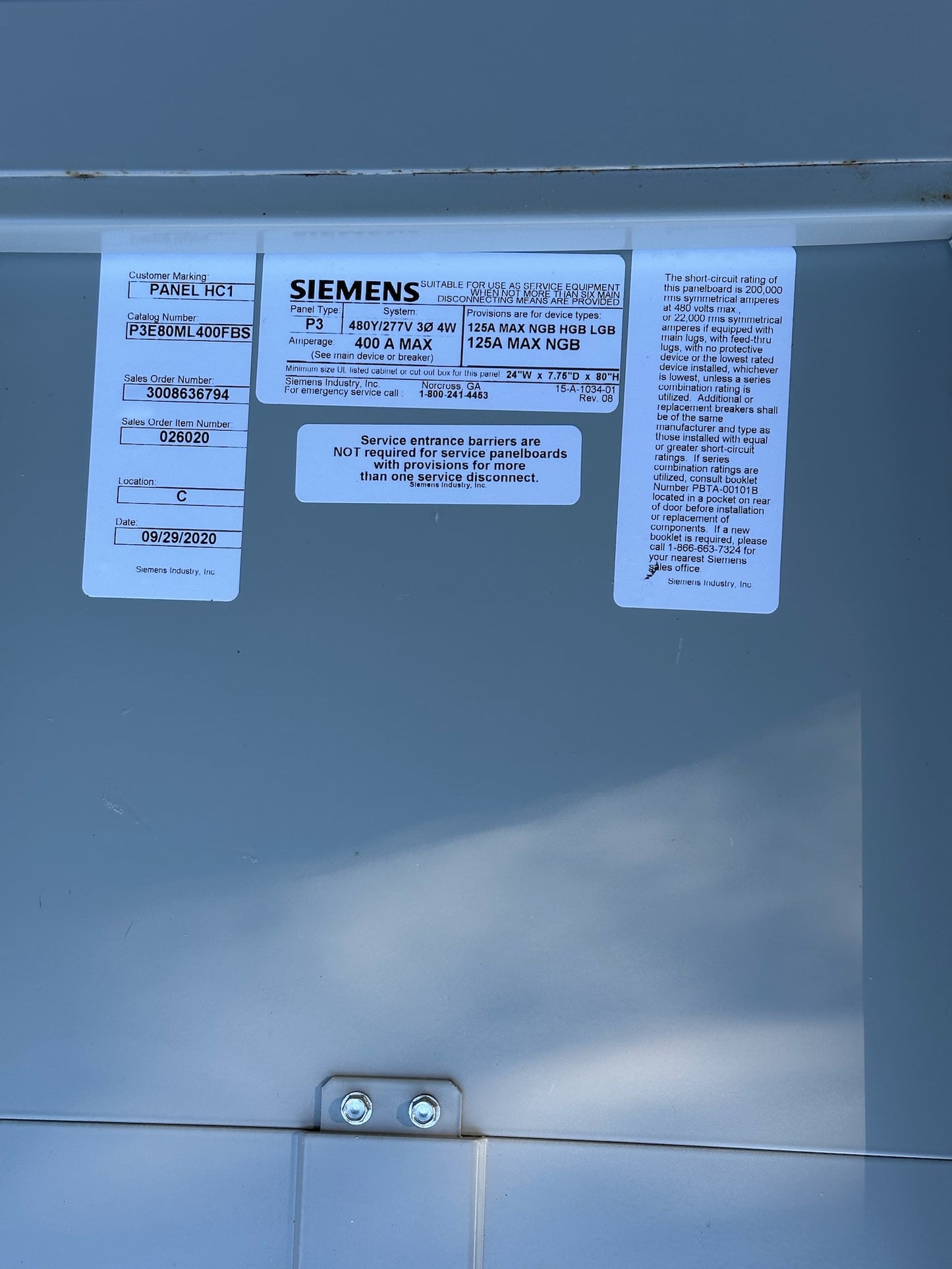 Siemens 480Y/277 V P3E80ML400FBS 400A 3-Phase Grow Light Panelboard 81 Breakers – Grow Facility Power