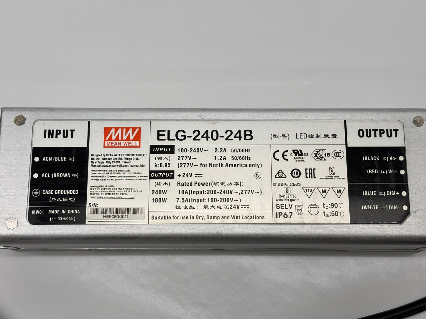 Mean Well (ELG-240-24B), 24Vdc, 10A, Dimmable, LED Driver, No Box