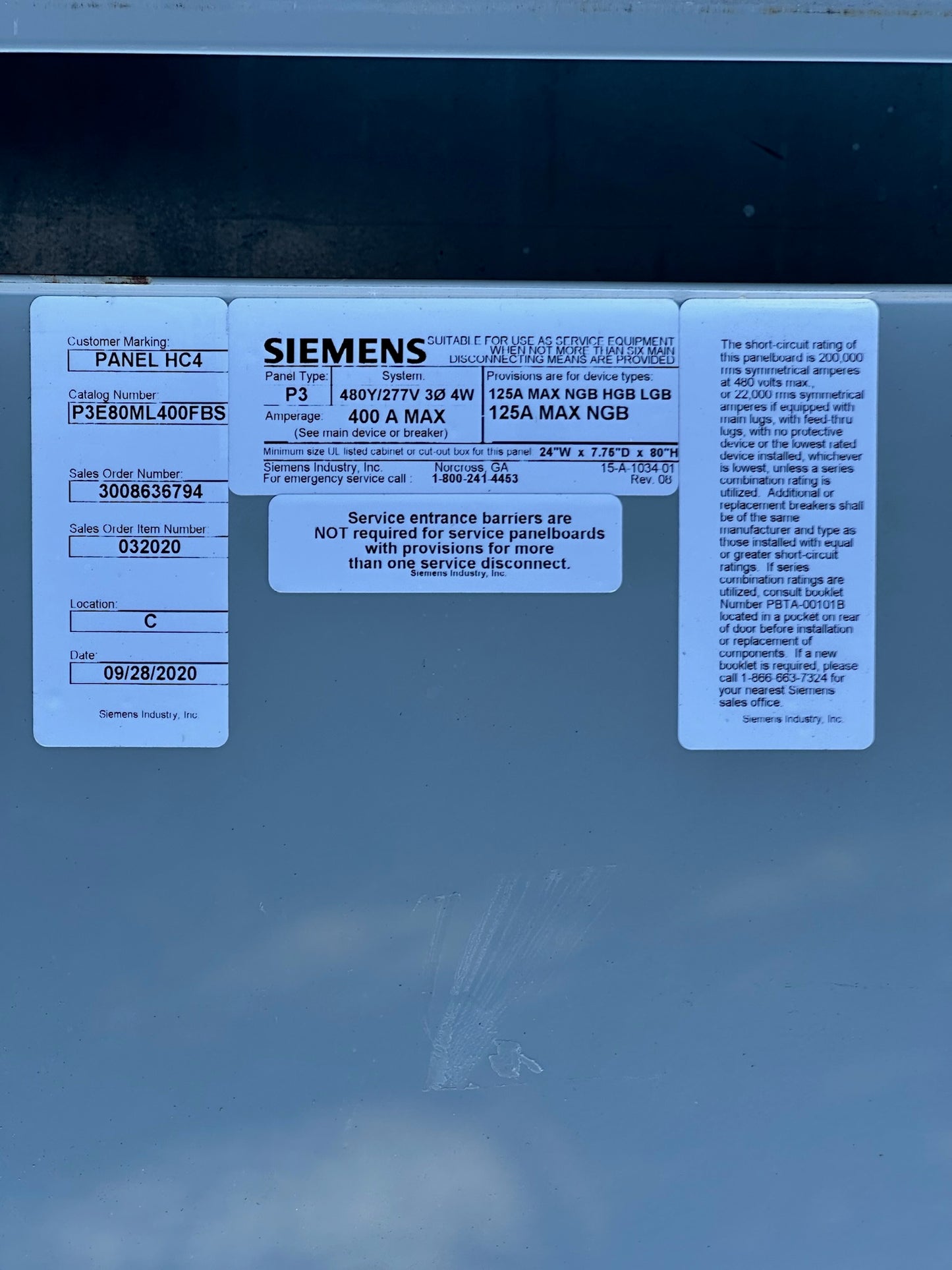 Siemens 480Y/277 V P3E80ML400FBS 400A 3-Phase Grow Light Panelboard 81 Breakers – Grow Facility Power