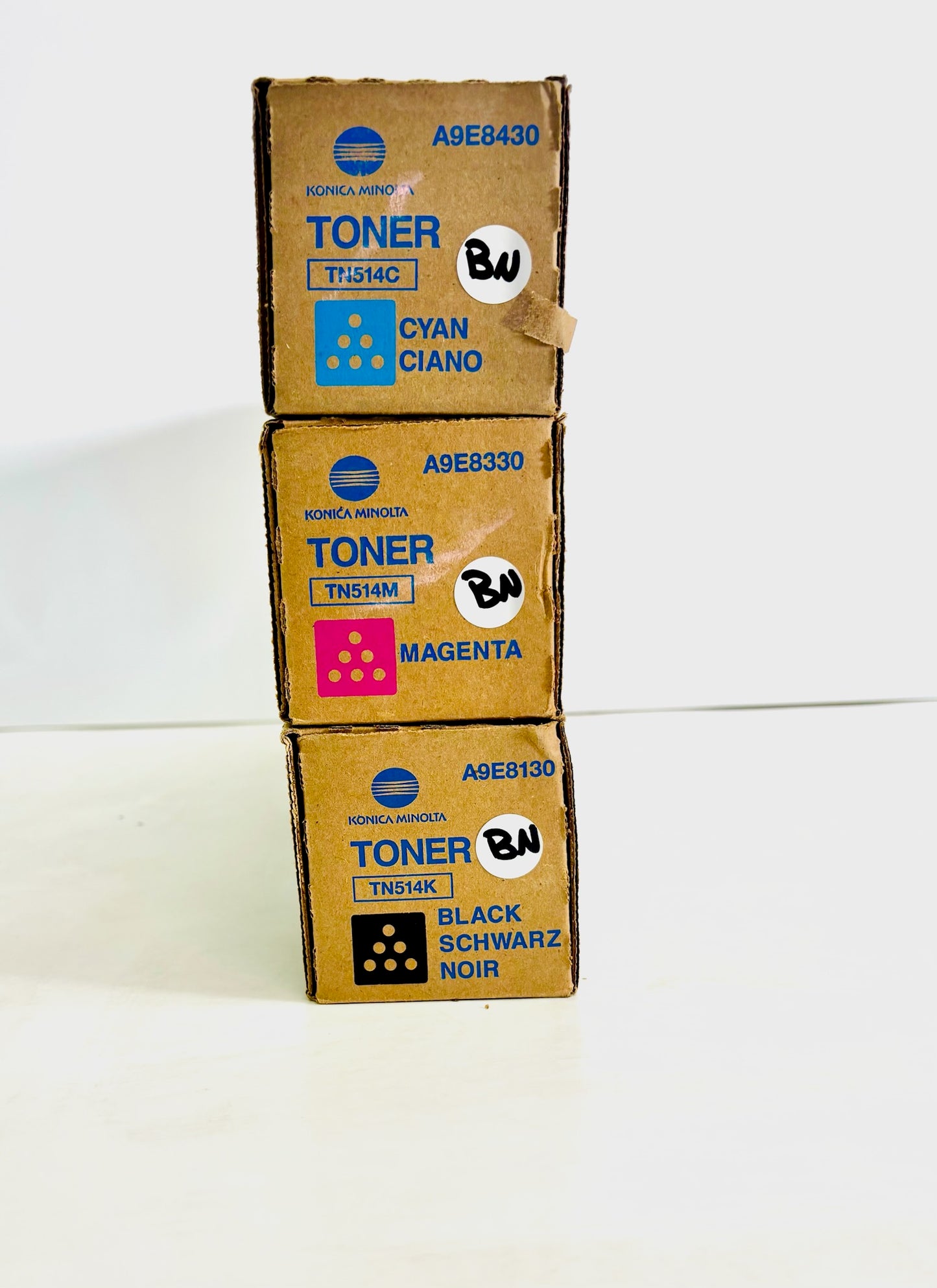 3 Genuine Konica Minolta  C458,C558,C658 Cyan, Magenta & Black Toners TN514CMK