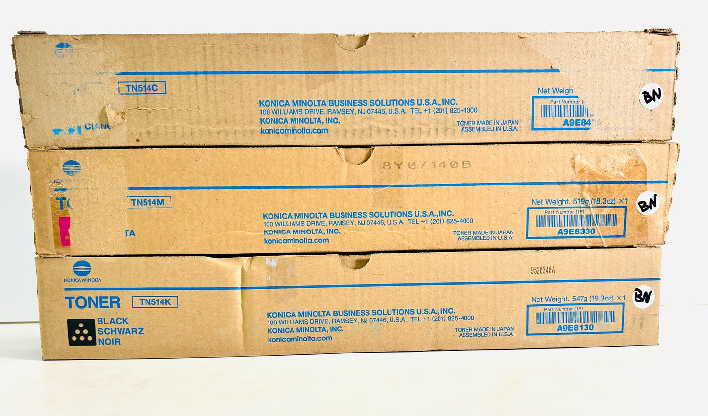 3 Genuine Konica Minolta  C458,C558,C658 Cyan, Magenta & Black Toners TN514CMK