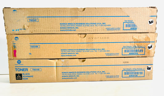 3 Genuine Konica Minolta  C458,C558,C658 Cyan, Magenta & Black Toners TN514CMK
