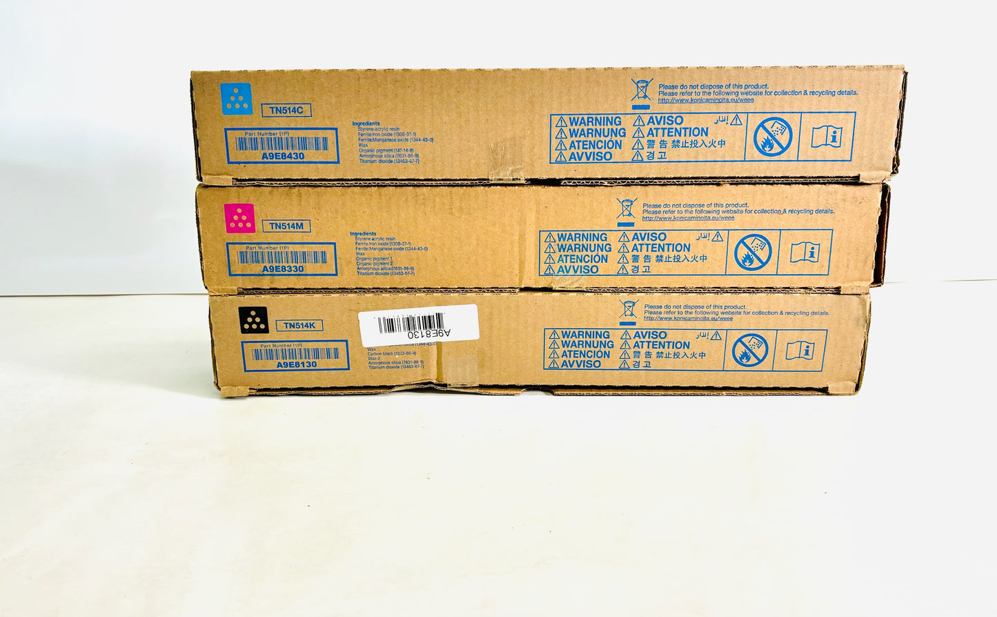 3 Genuine Konica Minolta  C458,C558,C658 Cyan, Magenta & Black Toners TN514CMK