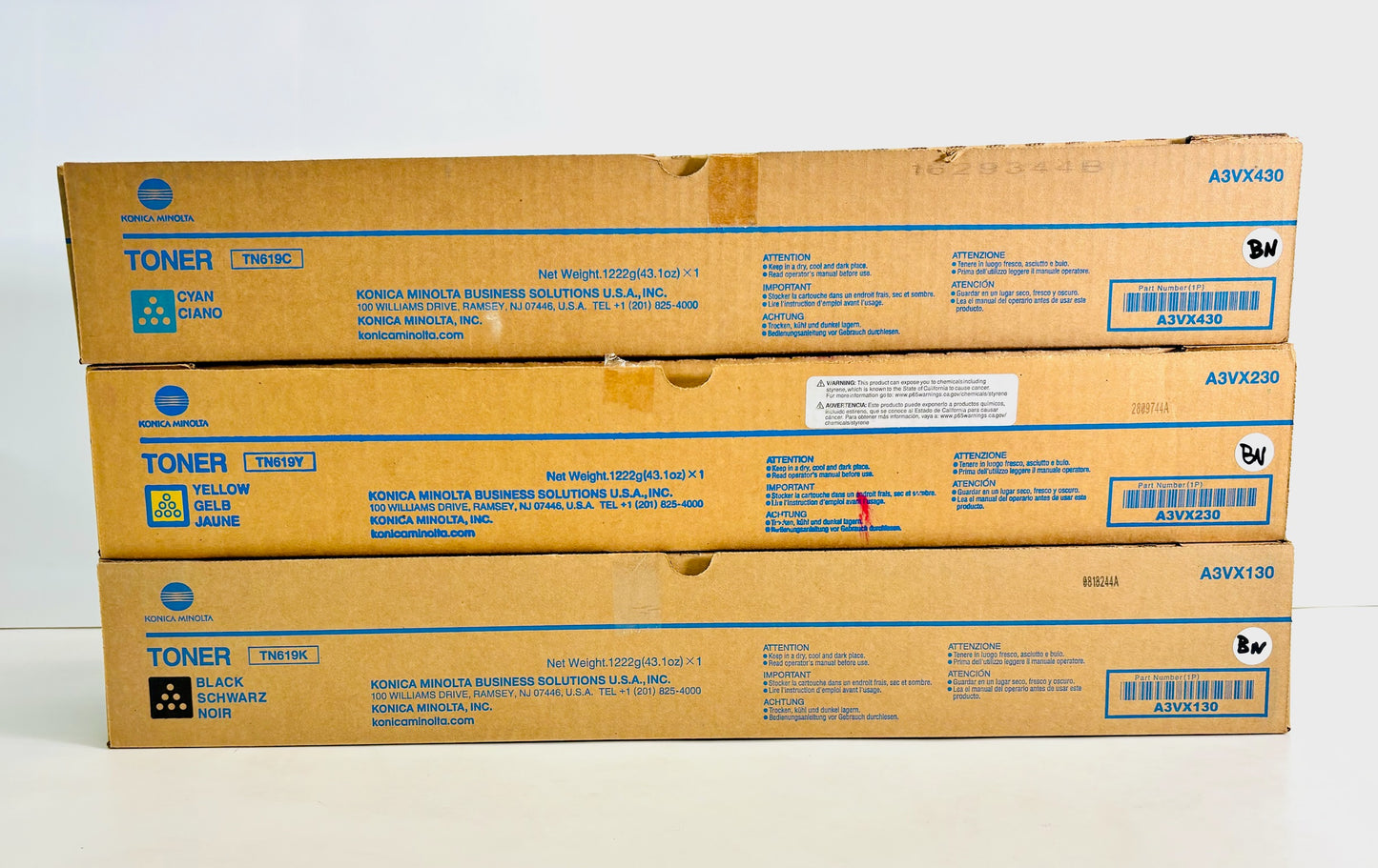 3 Genuine Konica Minolta C2060,C1070 Cyan, Yellow & Black Toners TN619CYK