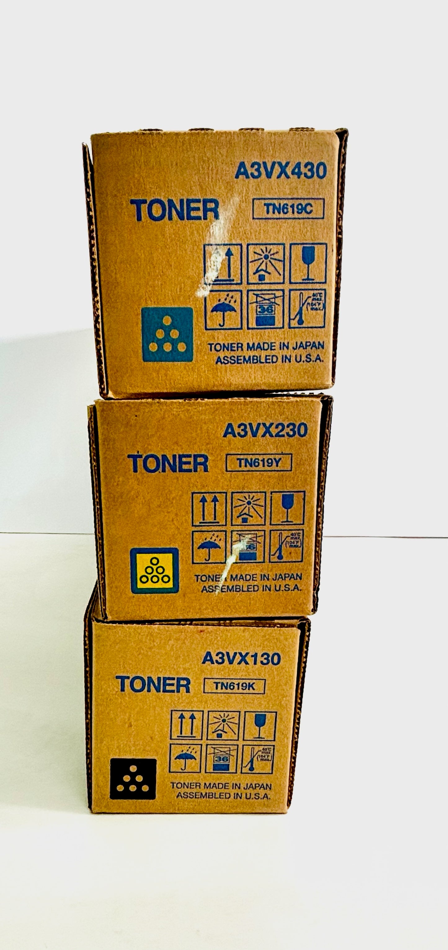 3 Genuine Konica Minolta C2060,C1070 Cyan, Yellow & Black Toners TN619CYK
