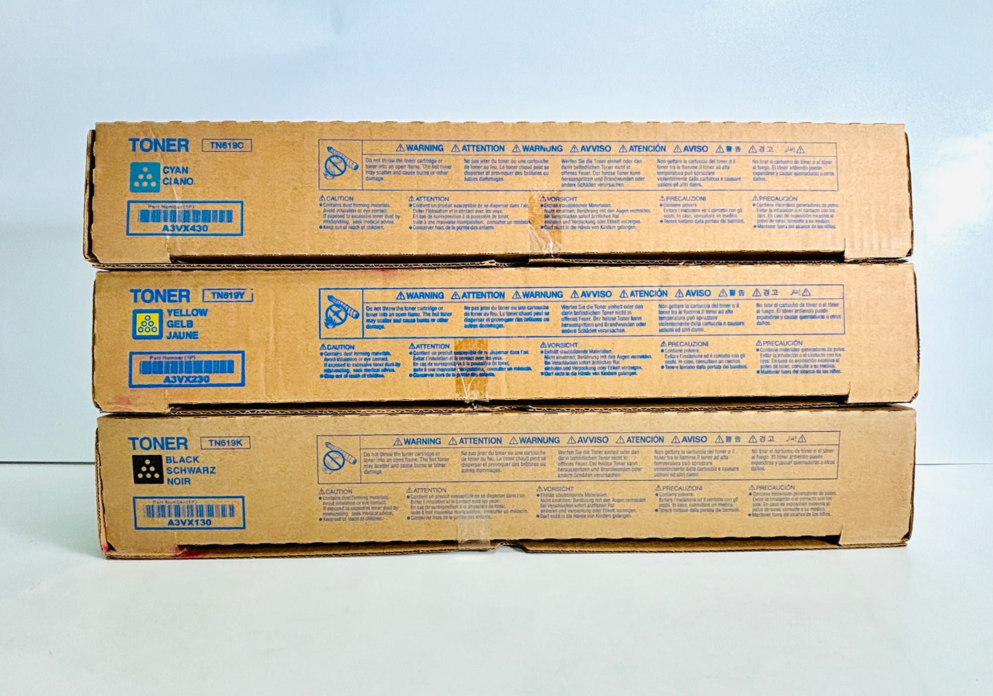 3 Genuine Konica Minolta C2060,C1070 Cyan, Yellow & Black Toners TN619CYK
