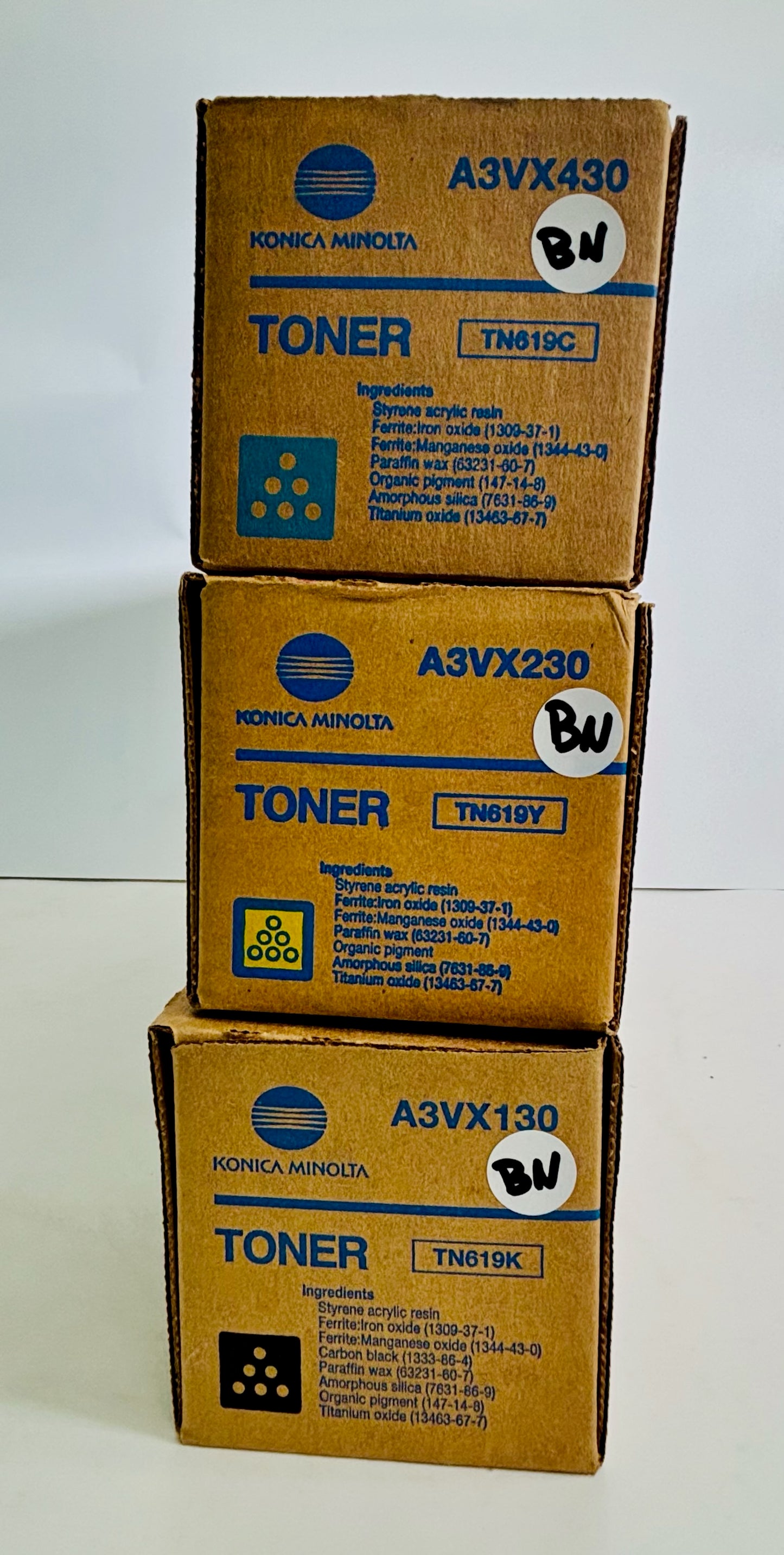 3 Genuine Konica Minolta C2060,C1070 Cyan, Yellow & Black Toners TN619CYK