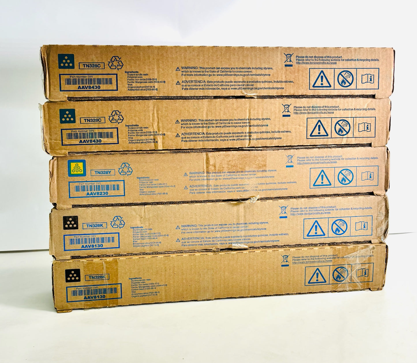 5 Genuine Konica bizhub C250, C300 Cyan, Yellow & Black Toners TN328 CCYKK