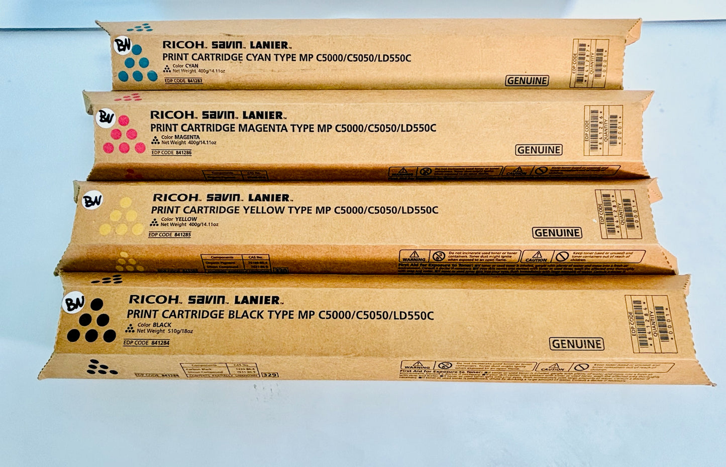 4 New Genuine Ricoh MPC5000,LD550C CMYK Toners 841284, 841285, 841286, 841287