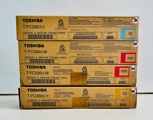 4 Genuine Toshiba 330AC/400AC Cyan, Magenta & Yellow Toners T-FC330U-CMMY