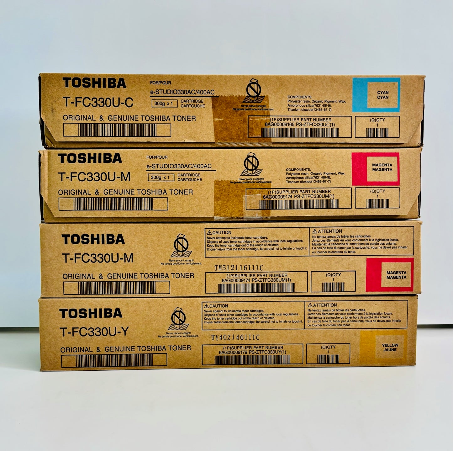 4 Genuine Toshiba 330AC/400AC Cyan, Magenta & Yellow Toners T-FC330U-CMMY