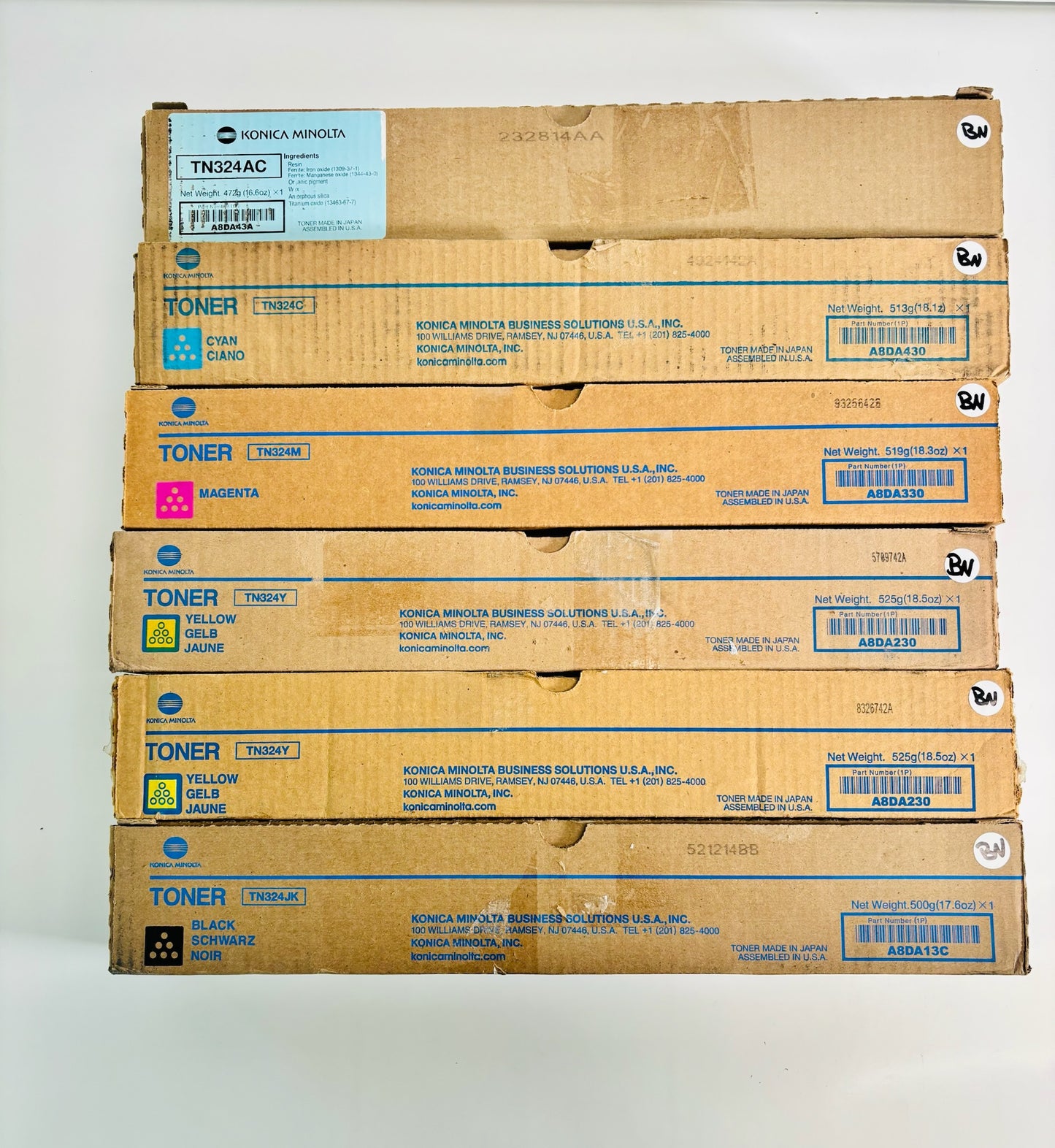 6 Cosmetic Genuine Konica BizHub C258,C308,C368 CC,M,YY,JK Toners TN324