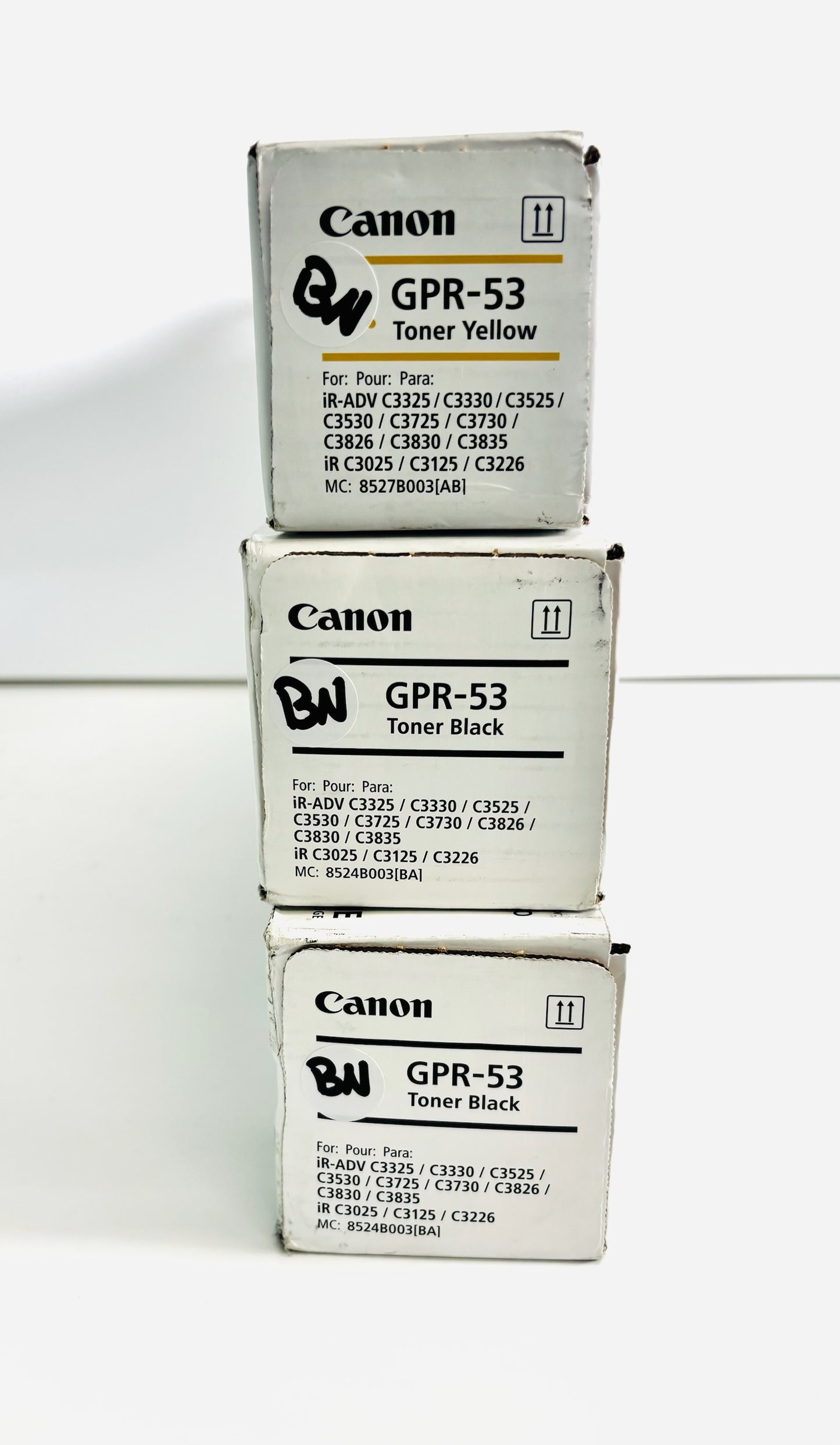 3 Open OEM Canon iR ADV C3325i, C3835 Yellow & Black Toner Cartridges GPR-53 YKK