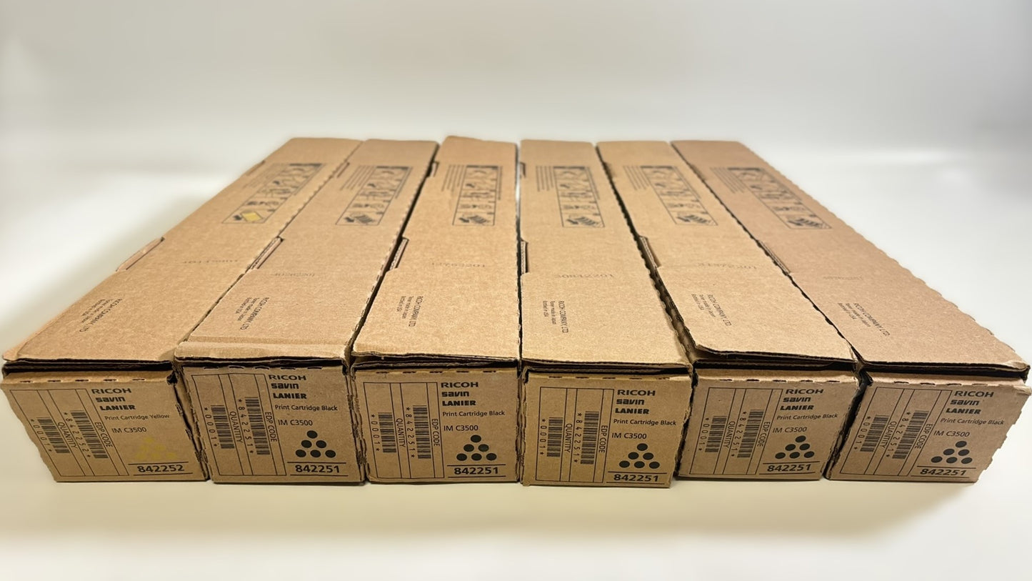 6 New OEM Ricoh IMC3500, C3000 Yellow & Black Toners 842251 (x1), 842252 (x5)