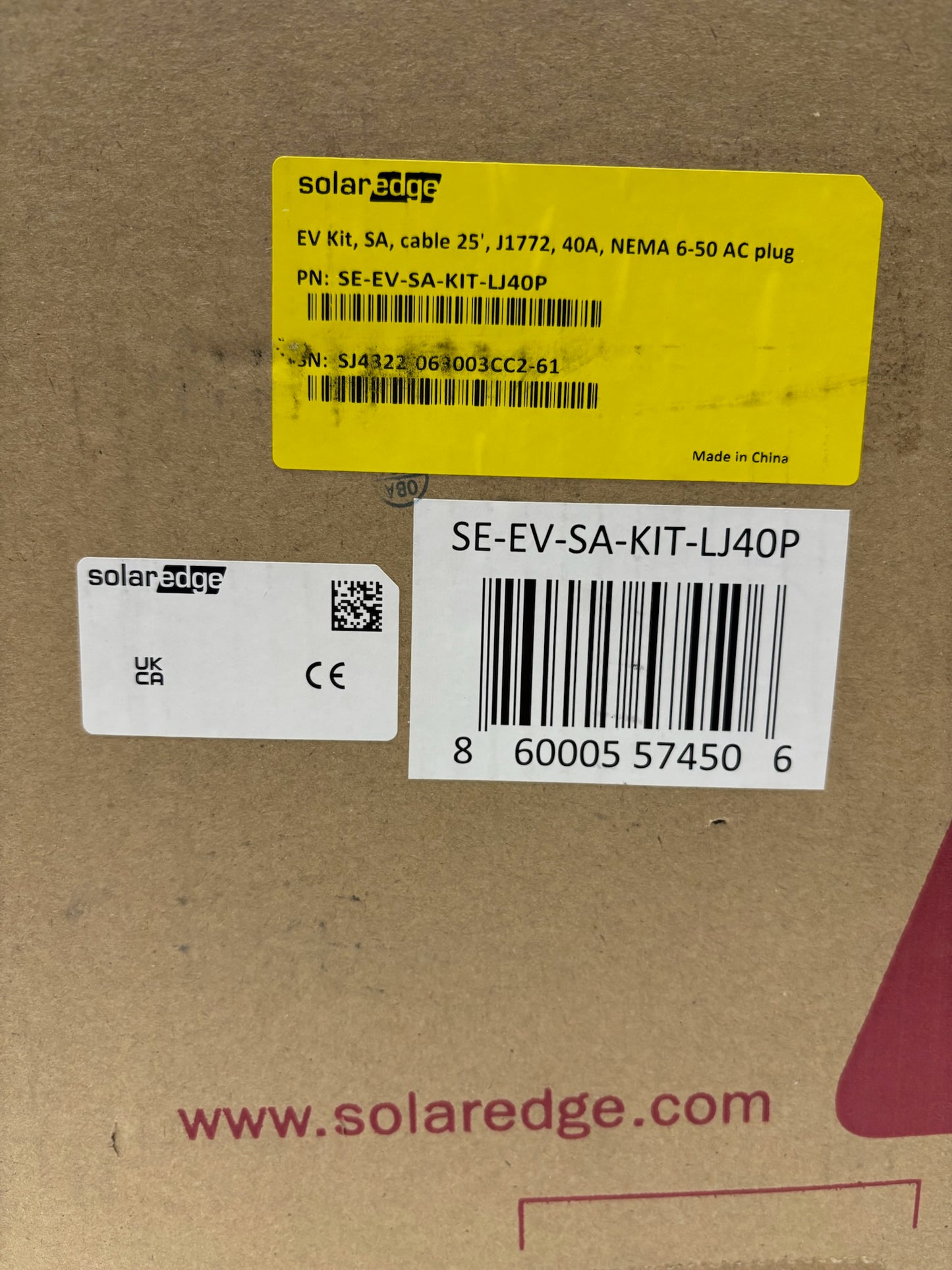 Used SolarEdge SE‑EV‑SA‑KIT‑LJ40P Smart EV Charger, 40A / 9.6 kW