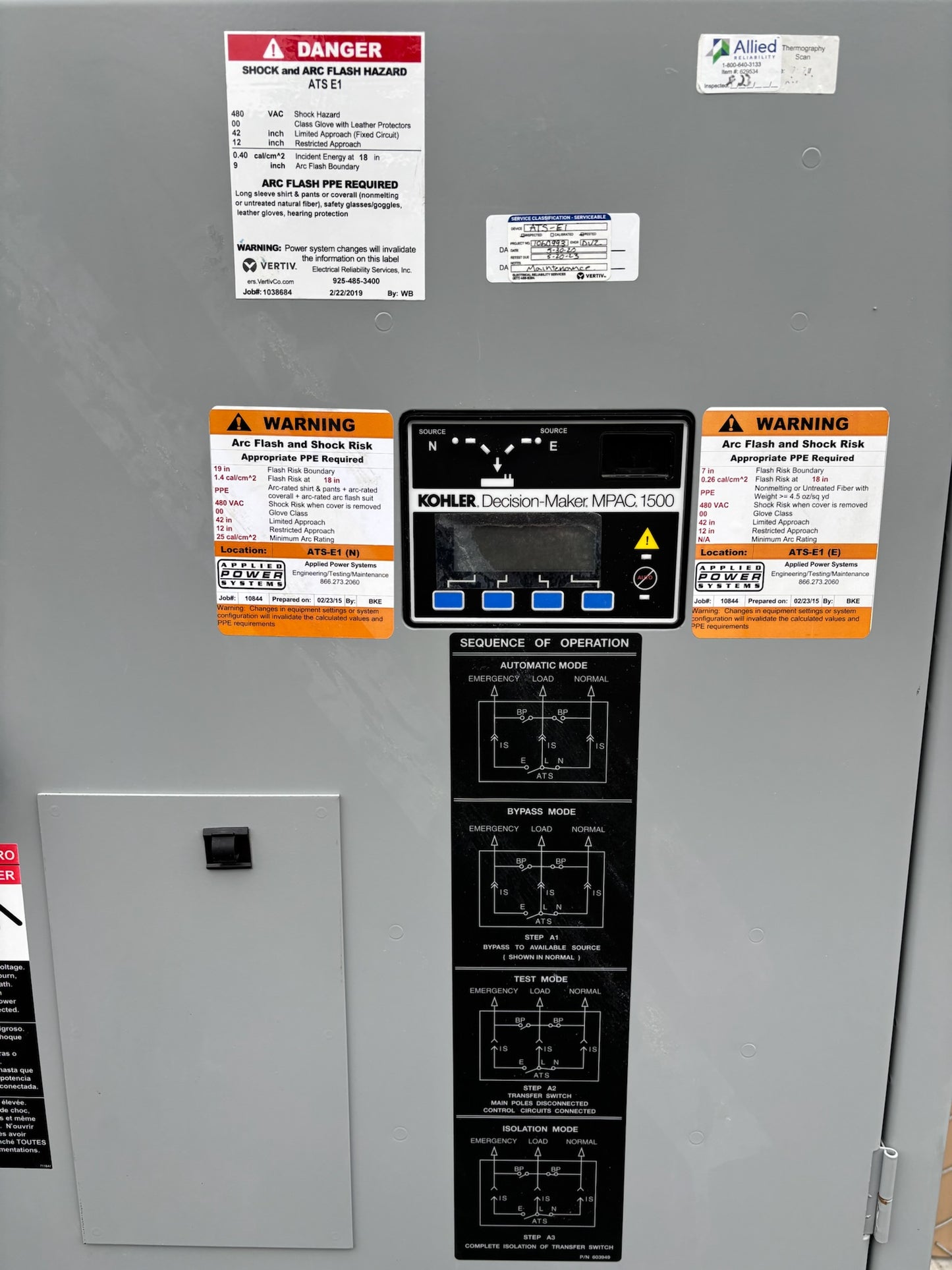 Kohler KBP-DMVA-0600S 600 AMP 480V Emergency Auto Transfer Switch W Bypass 01/15
