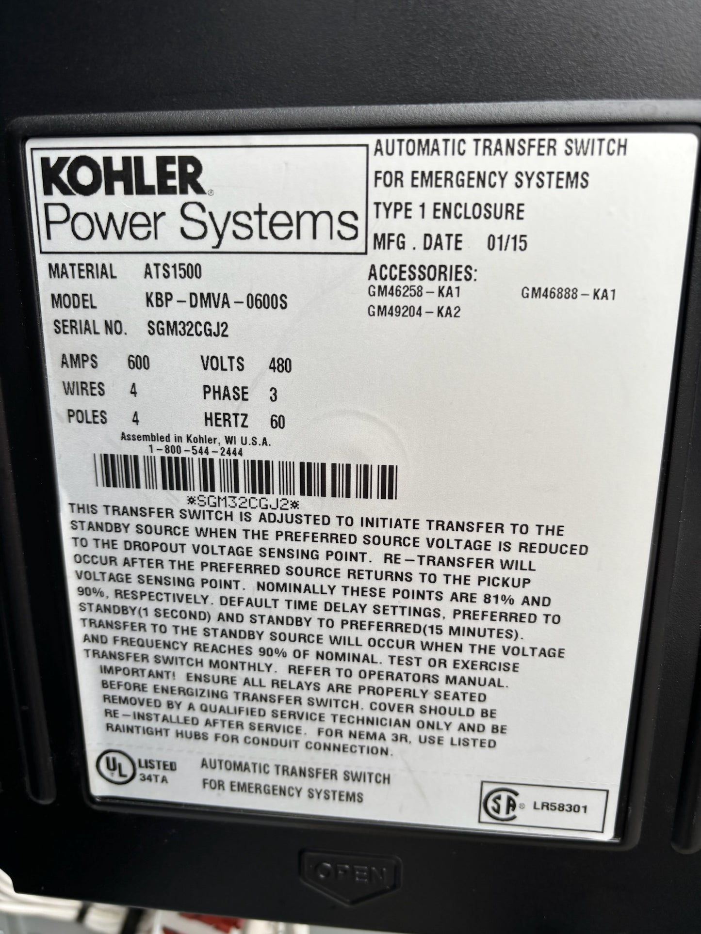 Kohler KBP-DMVA-0600S 600 AMP 480V Emergency Auto Transfer Switch W Bypass 01/15