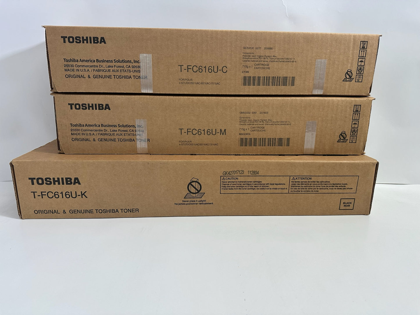 3 NEW OEM Toshiba E Studio 5516AC,5516ACT C M K Toners T-FC616U (NO yellow)