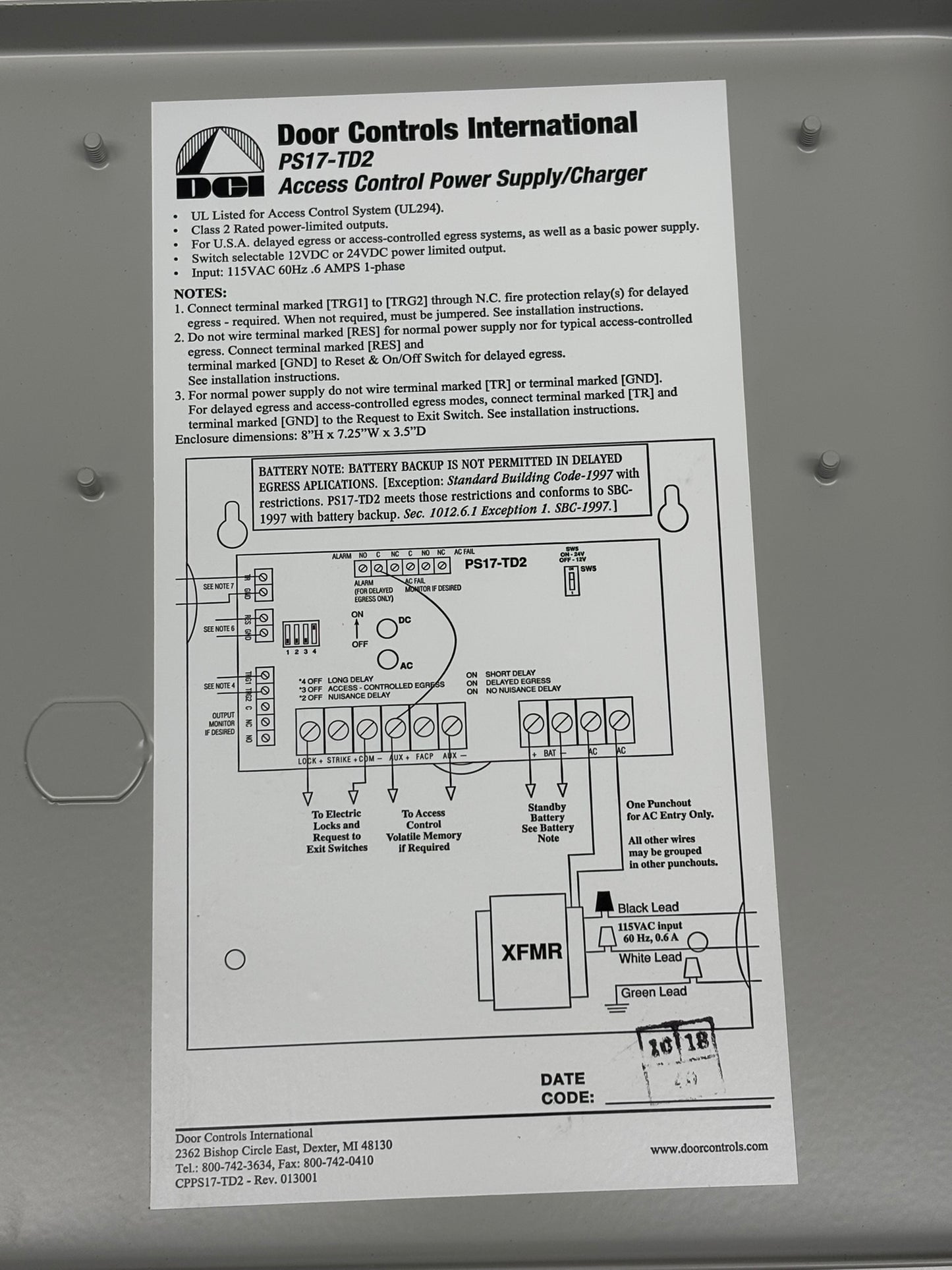DCI PS17-TD2 Standard Access Control Power Supply/Charger