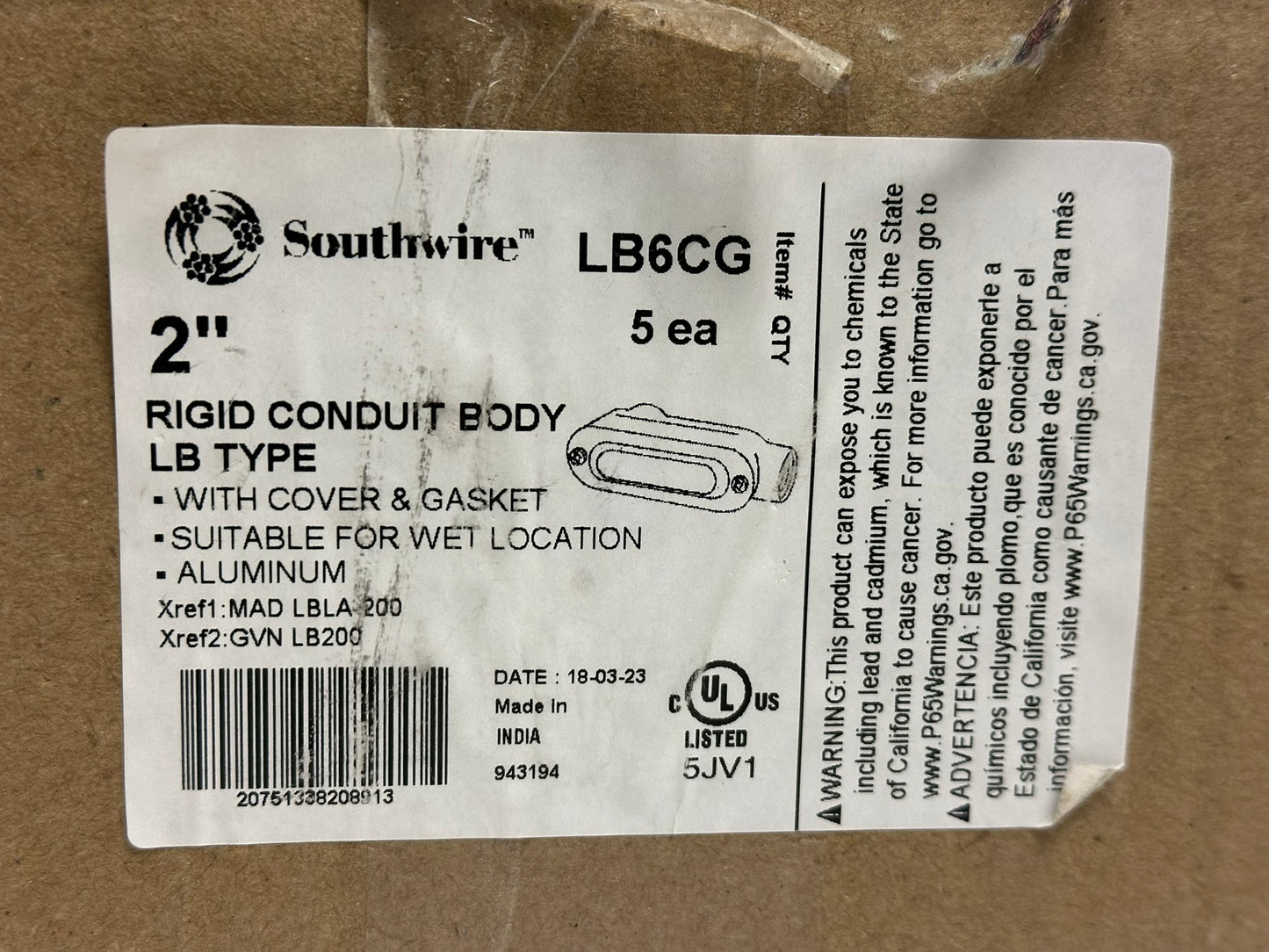 3 PK Southwire Topaz (LB6CG) 2" LB Conduit Body Die Cast Aluminum Wall Mount Hub