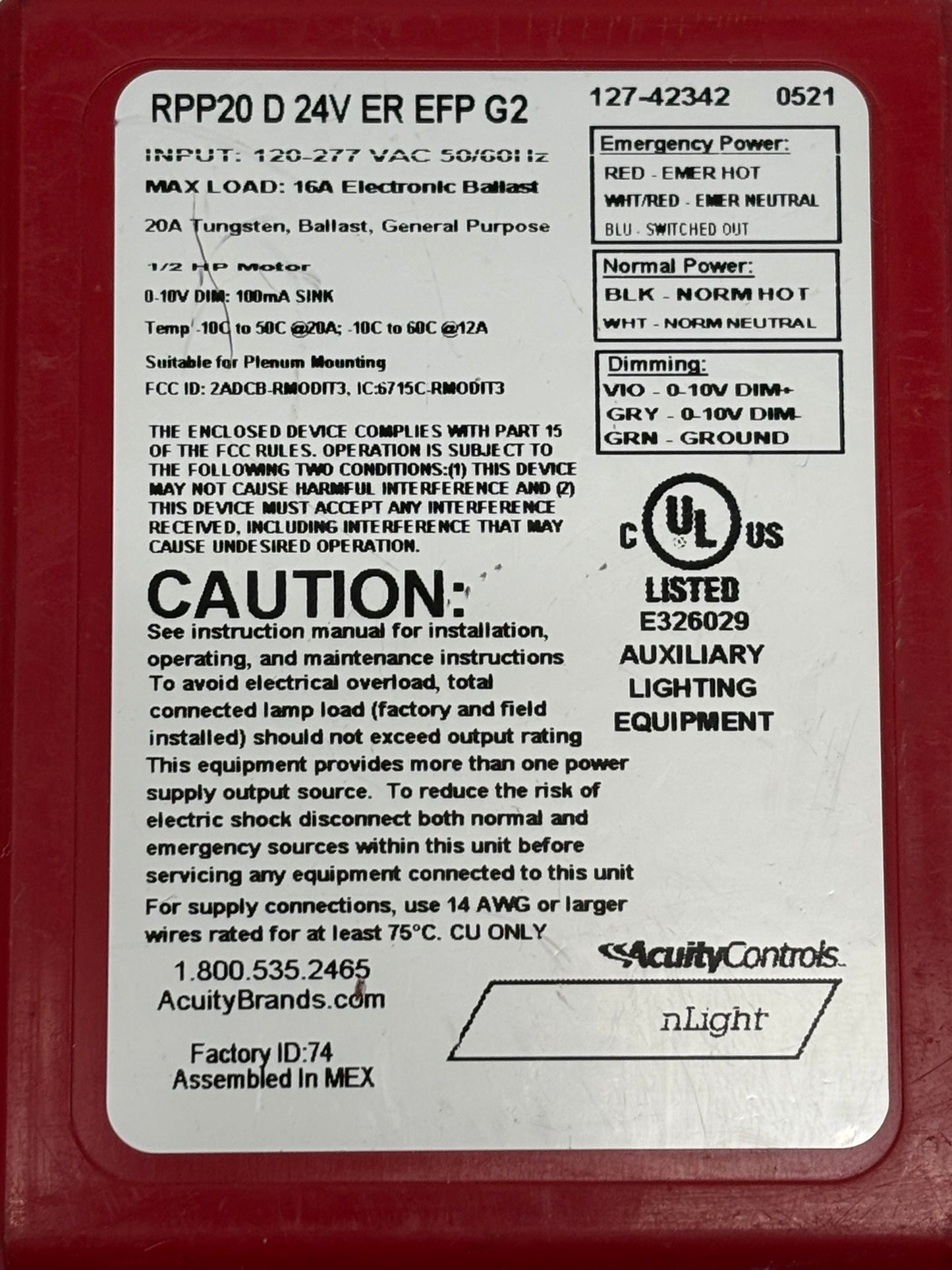 Acuity (RPP20 D 24v ER EFP G2) Emergency Circuits (Used, No Box)