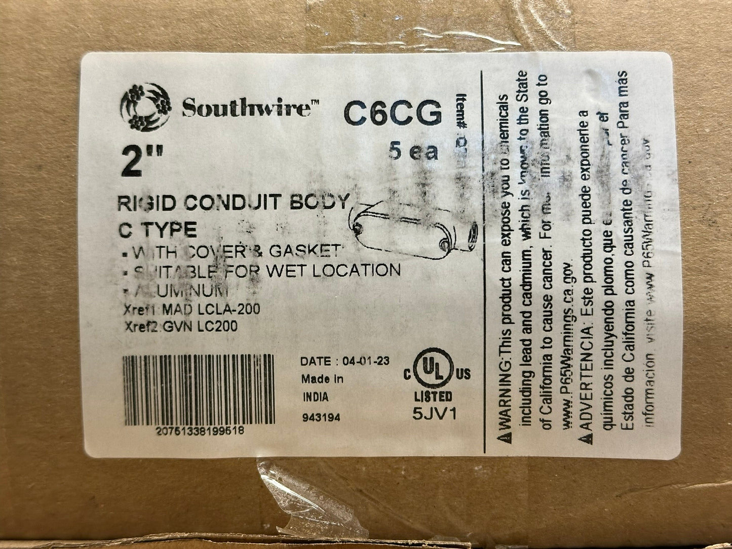 3 PK Southwire Topaz (C6CG) 2" Rigid Conduit Body C-Type Suitable For Wet Locations