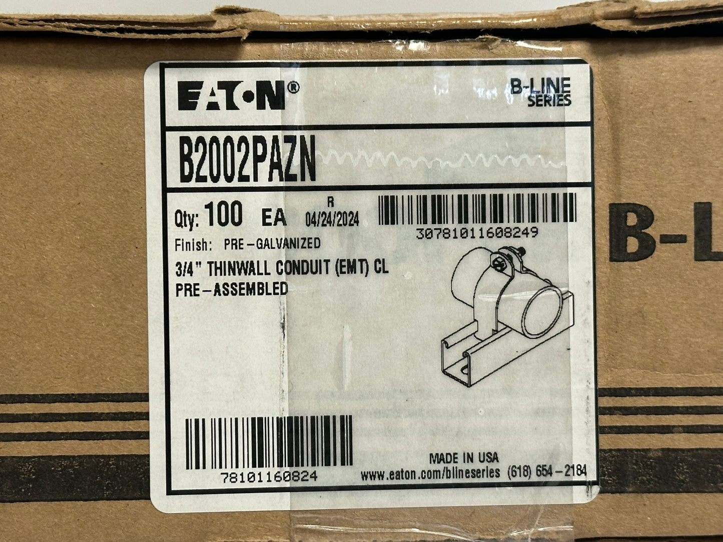 100 PK Cooper B Line (B2002PAZN) 3/4" Pipe/Conduit Clamp, Thinwall, Zinc