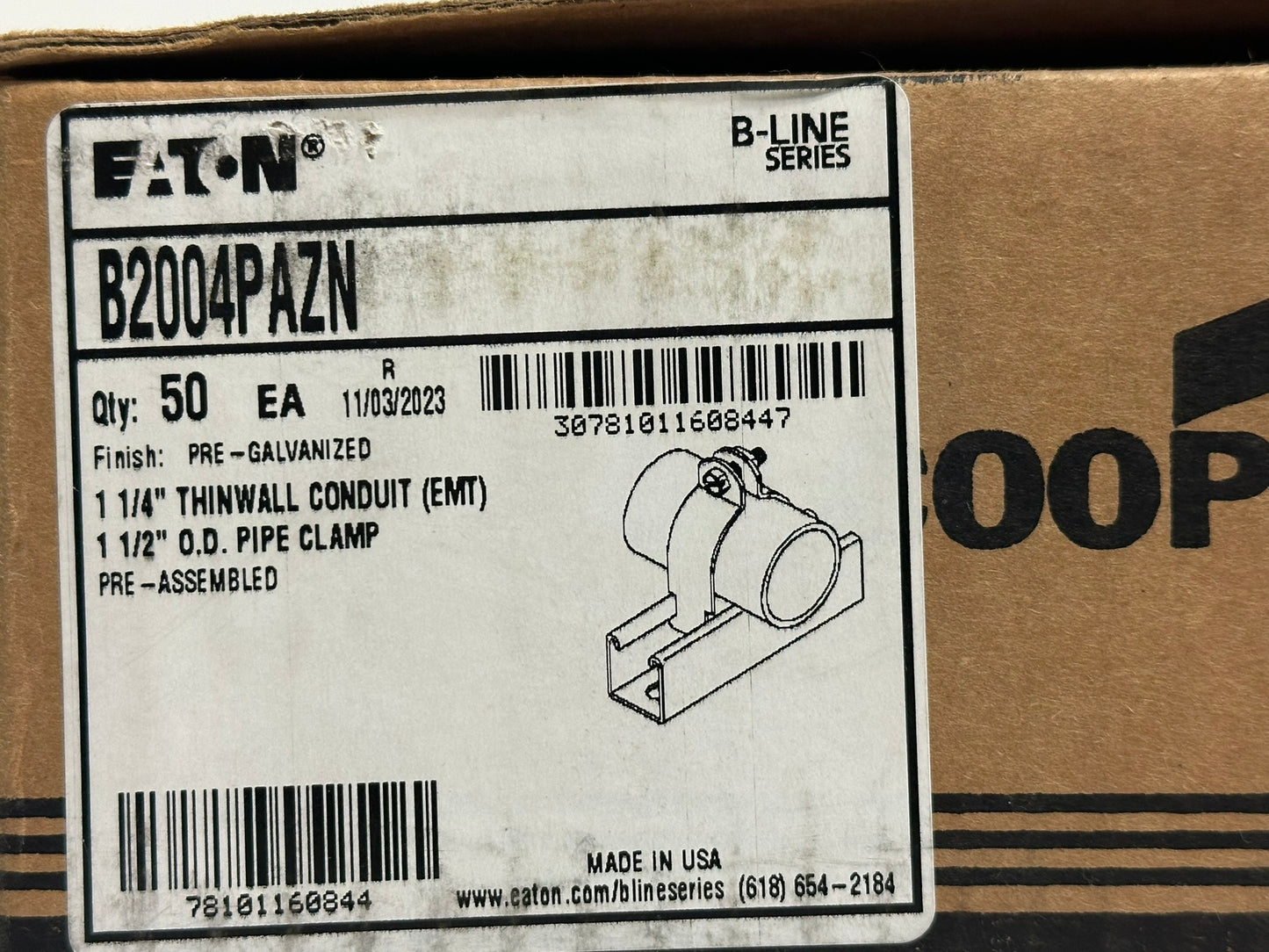50 PK Cooper B Line (B2004PAZN) 1 1/4" Thin Wall Conduit 1 1/2" O.D Pipe Clamp
