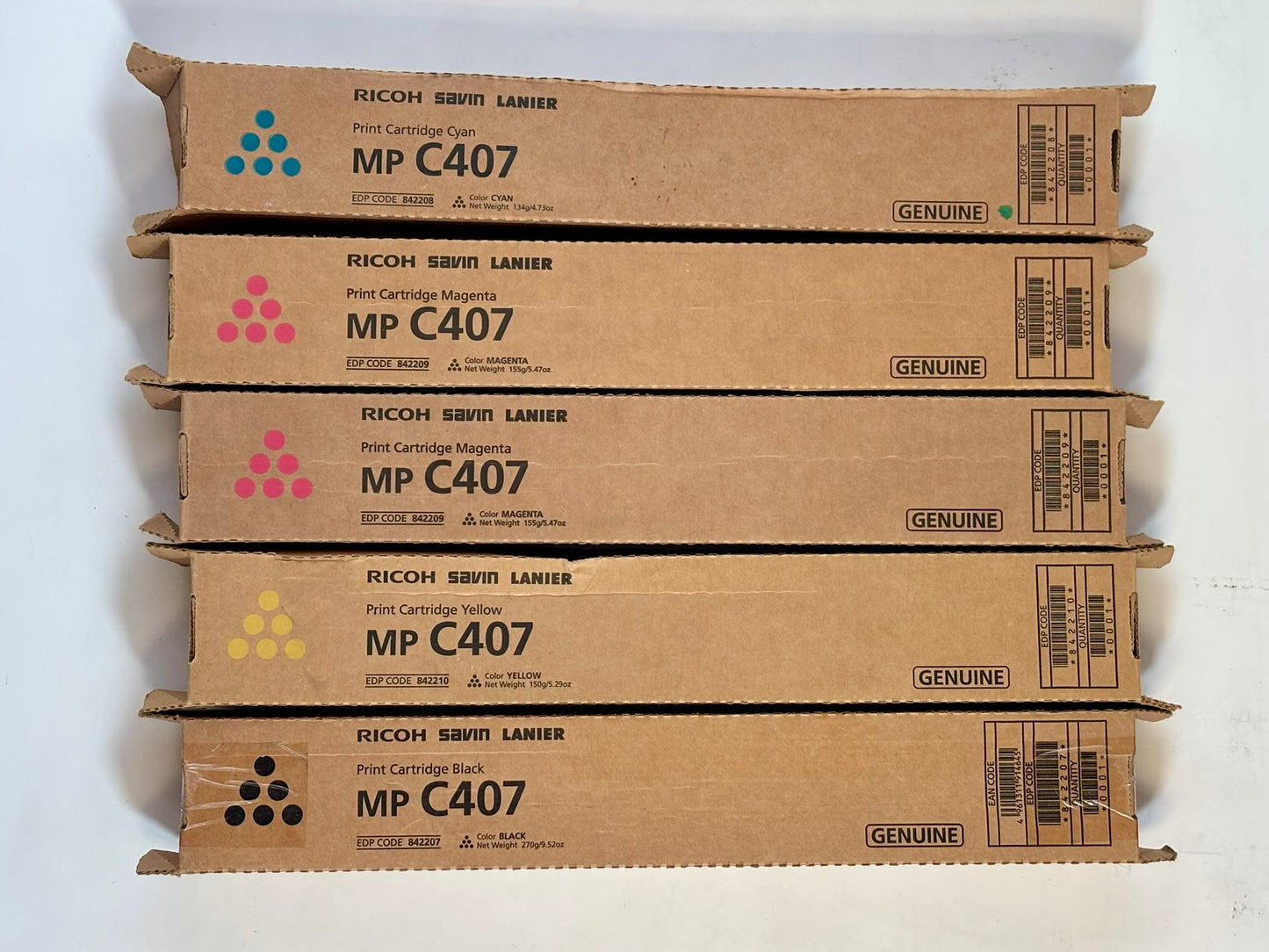 5 Genuine Ricoh MP C407 CMMYK Toner Cartridges 842207, 842208, 842209, 842210