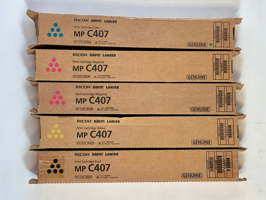 5 Genuine Ricoh MP C407 CMMYK Toner Cartridges 842207, 842208, 842209, 842210