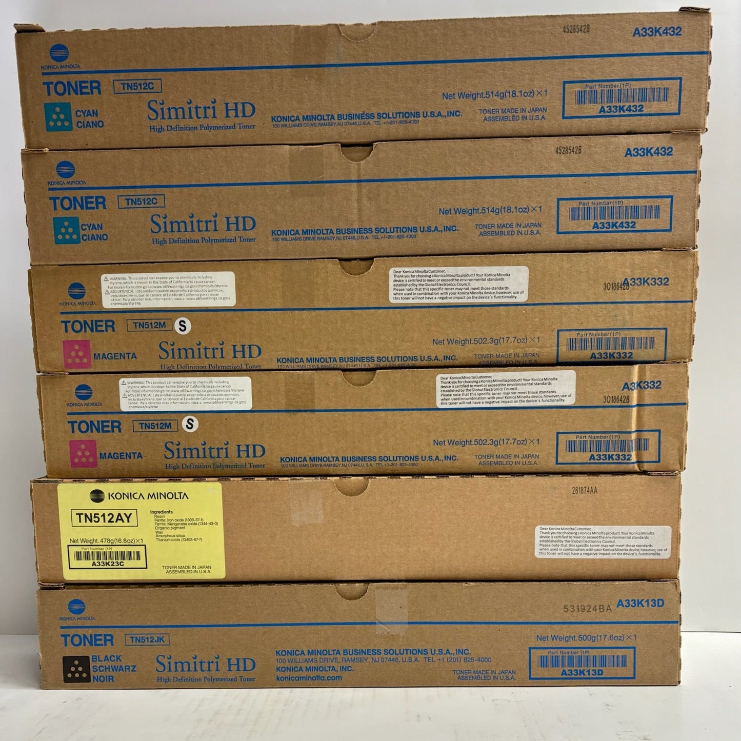 6 Genuine Konica BH C454,C454e,C554,C554e TN512 CCMMYK Toners TN512AY, TN512JK