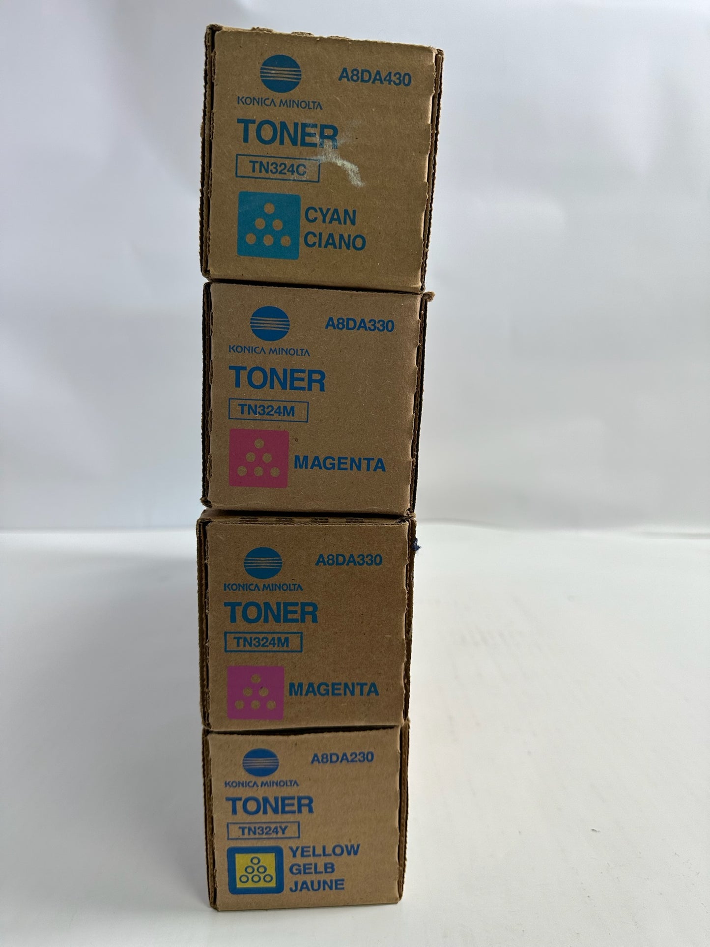 4 New Genuine Konica Minolta Bizhub C258,C308 CMMY Toners TN324 (NO Black)