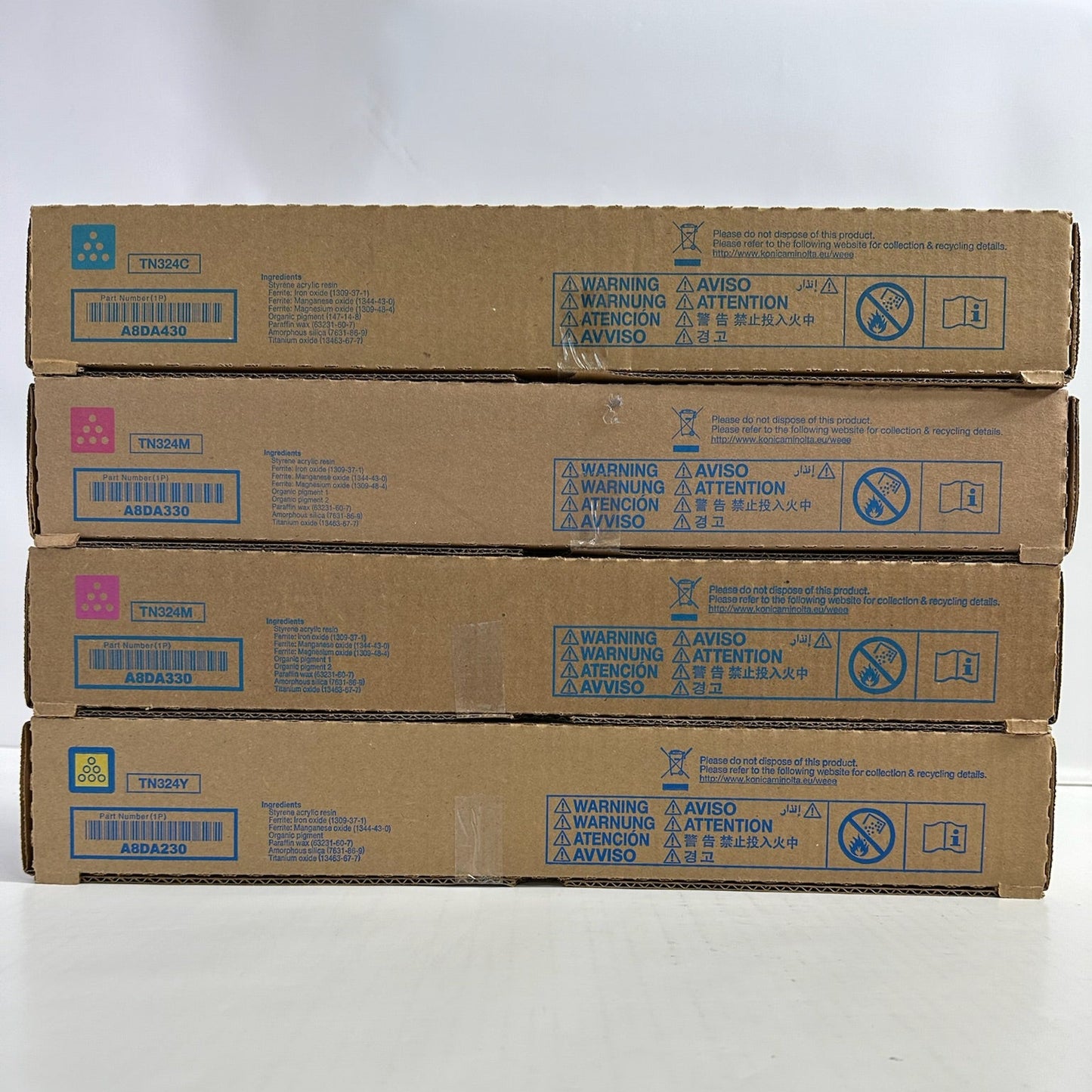 4 New Genuine Konica Minolta Bizhub C258,C308 CMMY Toners TN324 (NO Black)