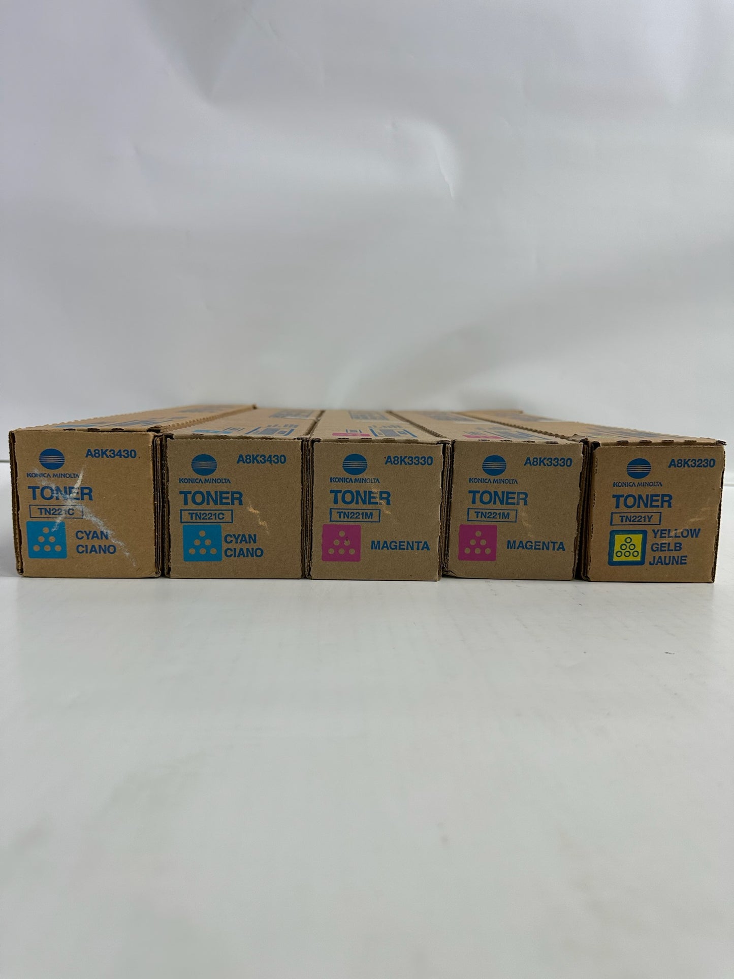 5 New Genuine Konica Minolta BizHub C227,C287 CCMMY Toners TN221 (NO Black)