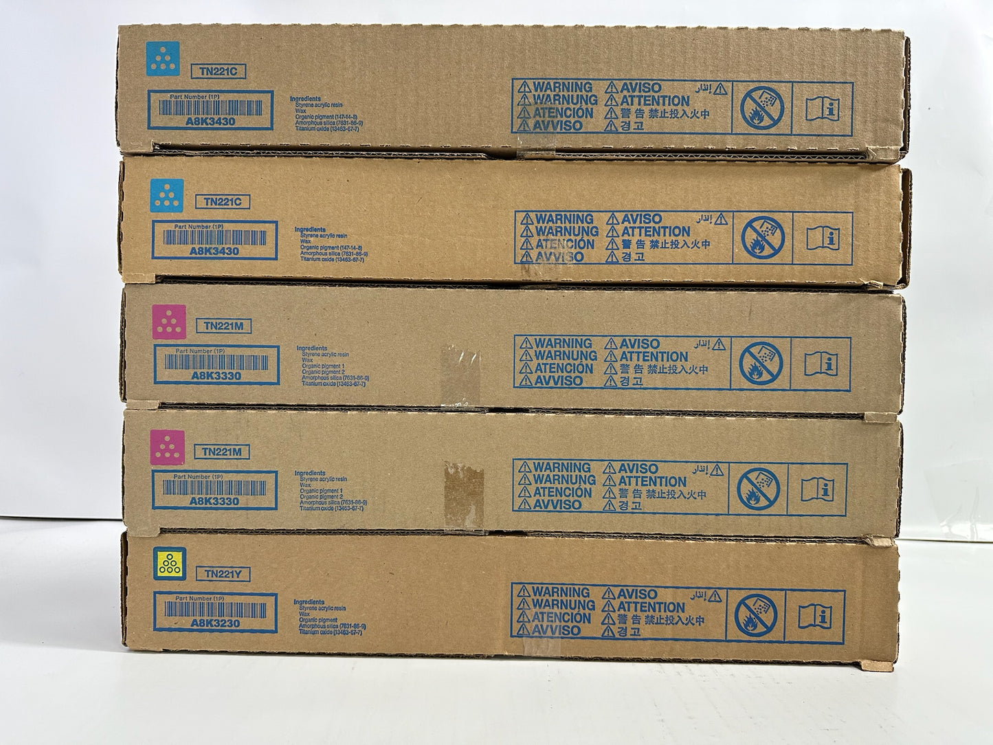 5 New Genuine Konica Minolta BizHub C227,C287 CCMMY Toners TN221 (NO Black)