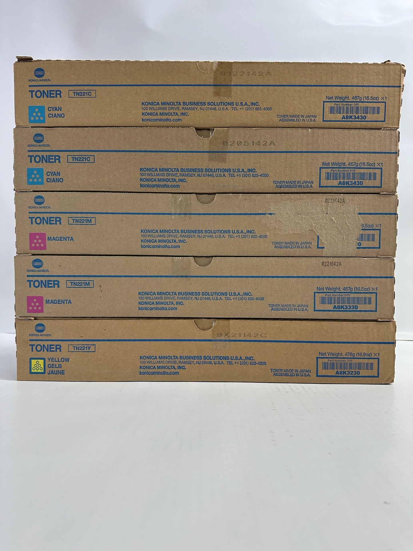 5 New Genuine Konica Minolta BizHub C227,C287 CCMMY Toners TN221 (NO Black)