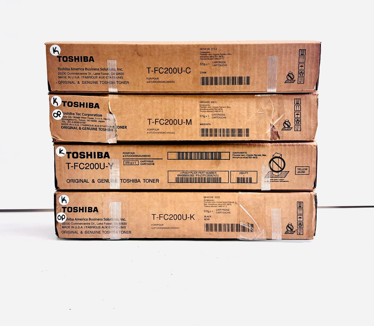 4 OEM Toshiba 2000AC, 2500AC CMYK Toners T-FC200U-CMYK (Open Mag & Black)