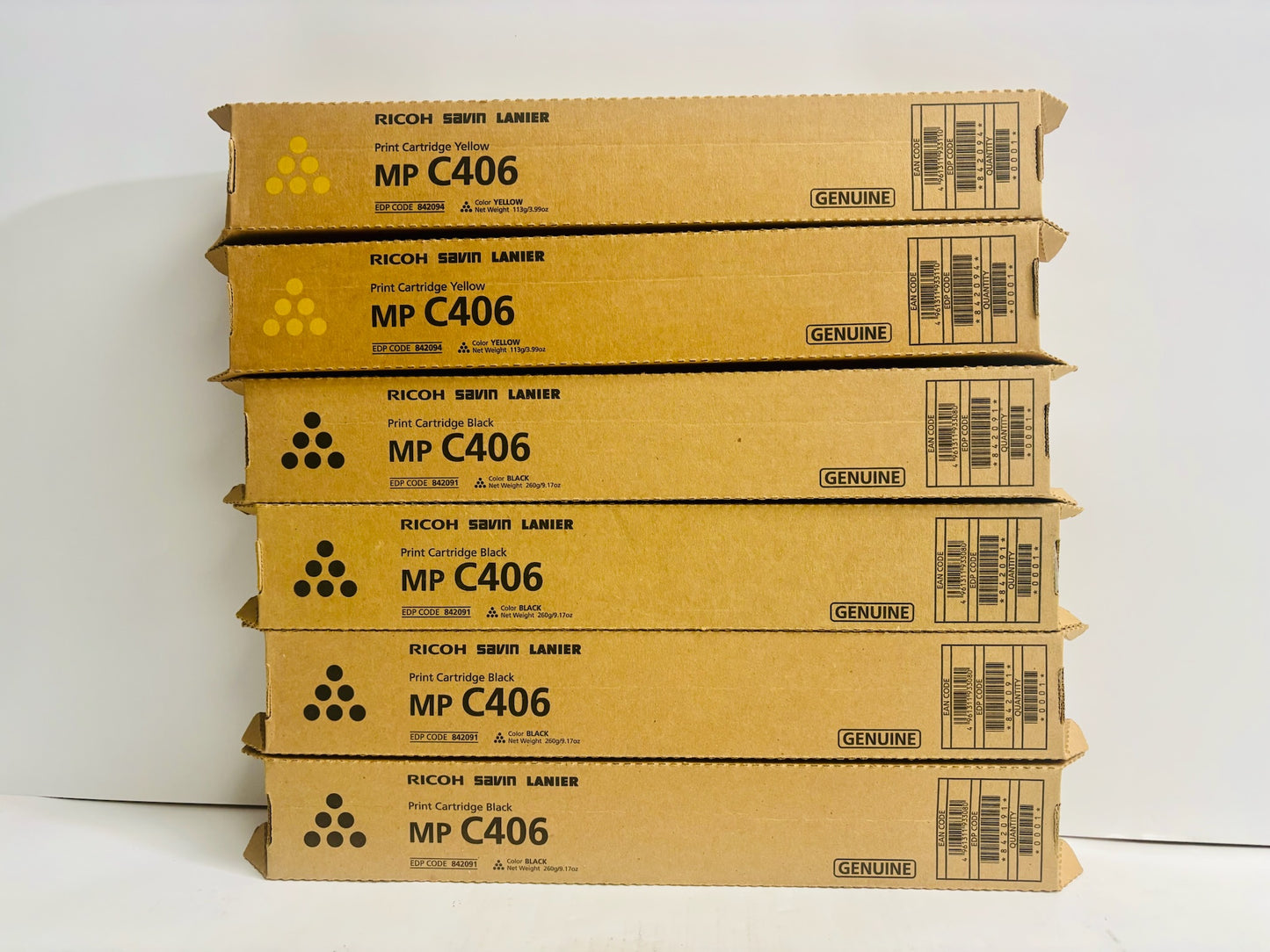 6 Genuine Ricoh MP C406,C306,C307 YYKKKK Yellow & Black Toners 842091,842094