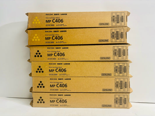 6 Genuine Ricoh MP C406,C306,C307 YYKKKK Yellow & Black Toners 842091,842094