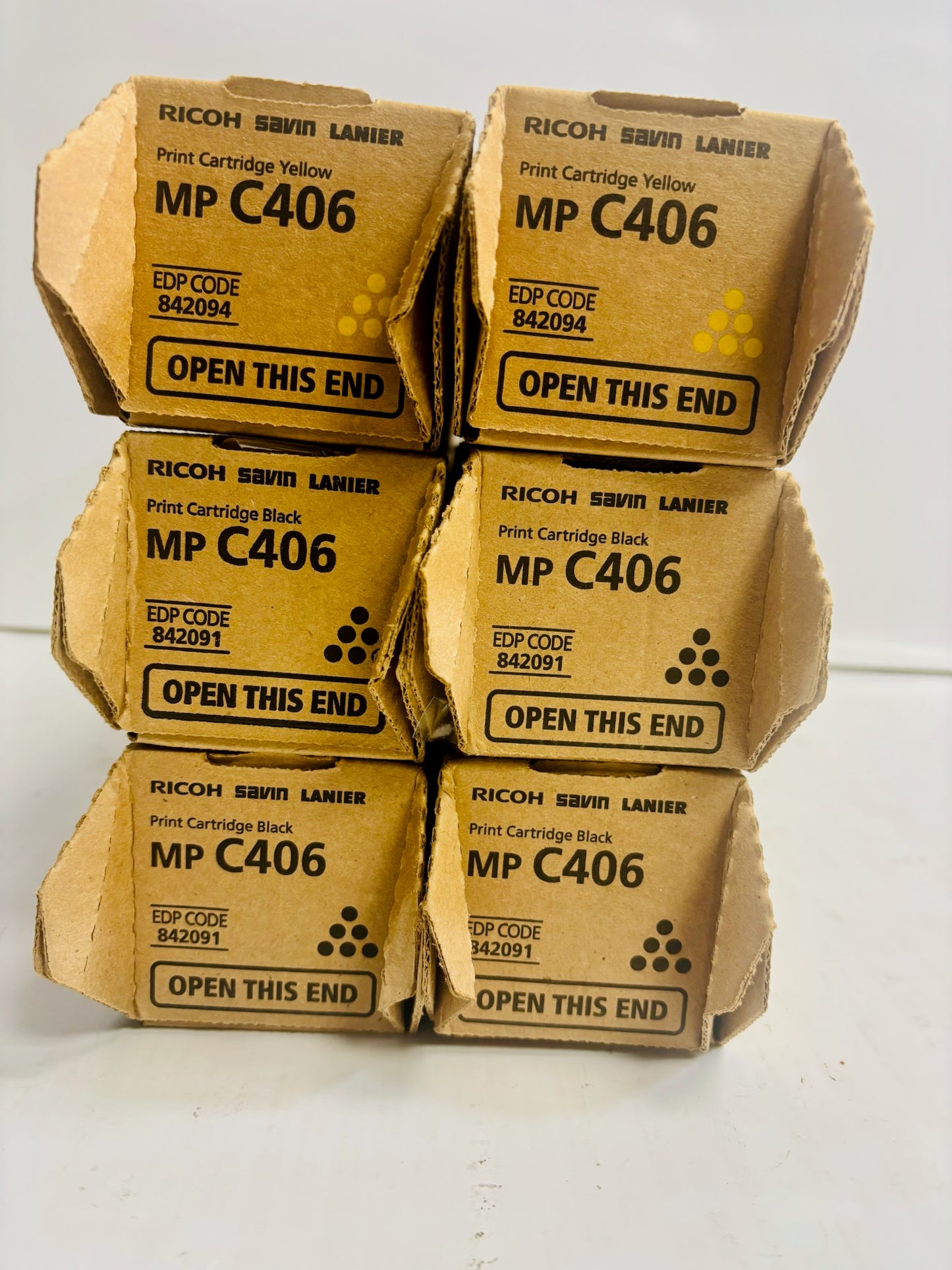 6 Genuine Ricoh MP C406,C306,C307 YYKKKK Yellow & Black Toners 842091,842094