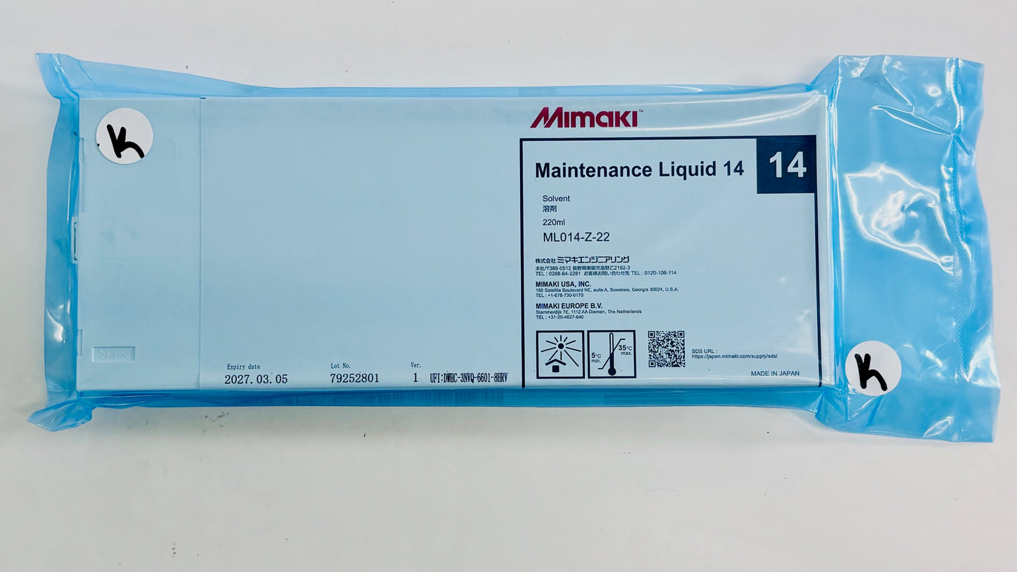 Genuine Mimaki CJV30, JV5 Maintenance Liquid 14, 220mL ML014-Z-22 (exp 2027)