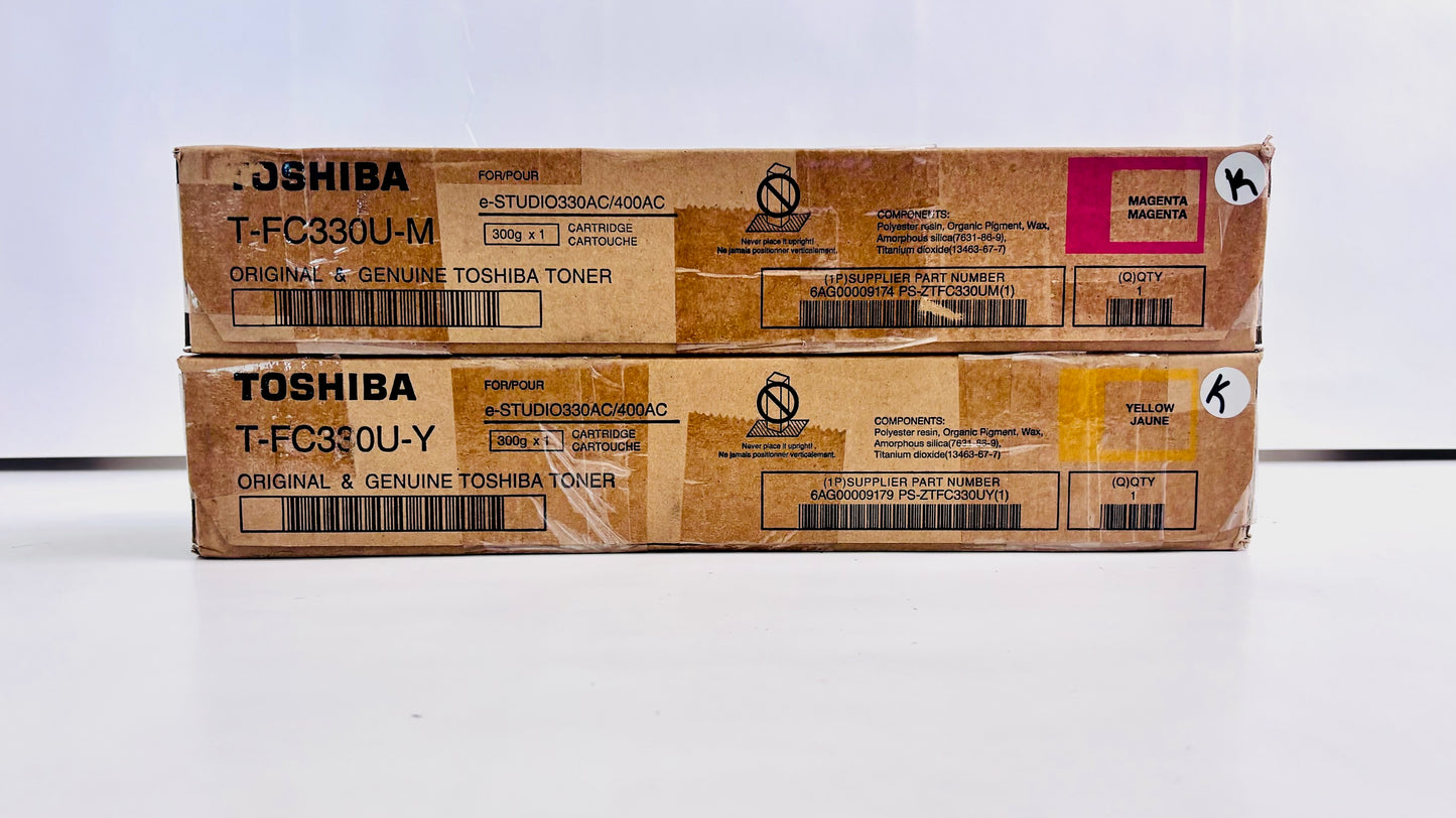2 Genuine Toshiba 330AC, 400AC Magenta & Yellow Toners T-FC330U-M, T-FC330U-Y