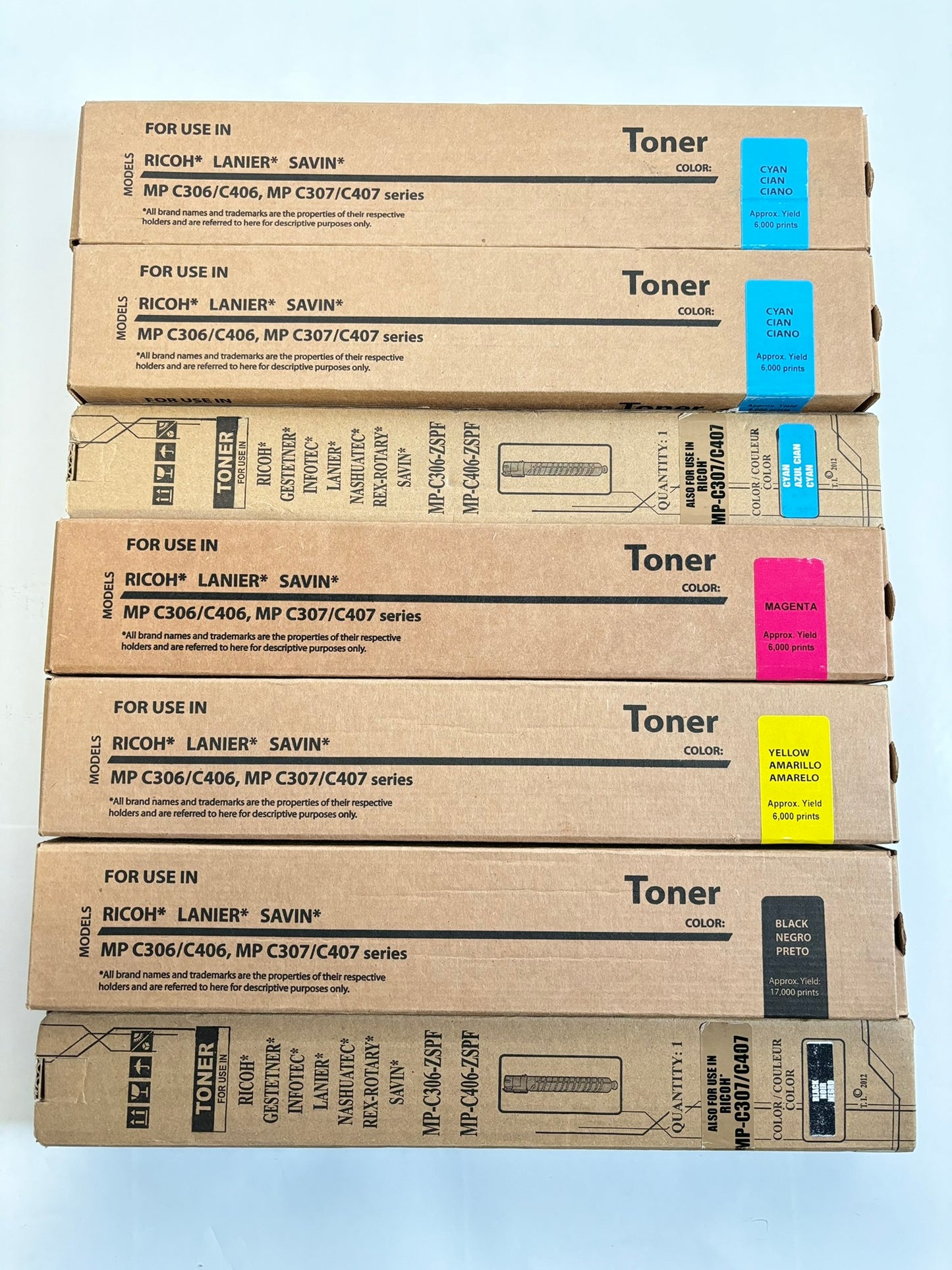 7 Compatible Ricoh MPC306,C406,C307 CCCMYKK Toners (replace 842091,92,93,94)
