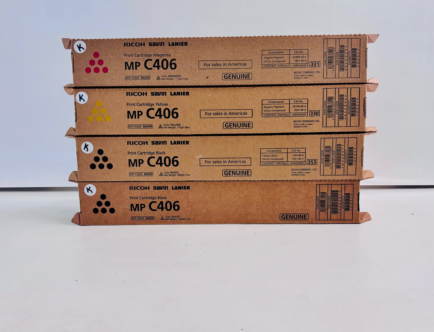 4 Genuine Ricoh C306, C407 Magenta, Yellow, Black Toners 842091, 842093, 842094
