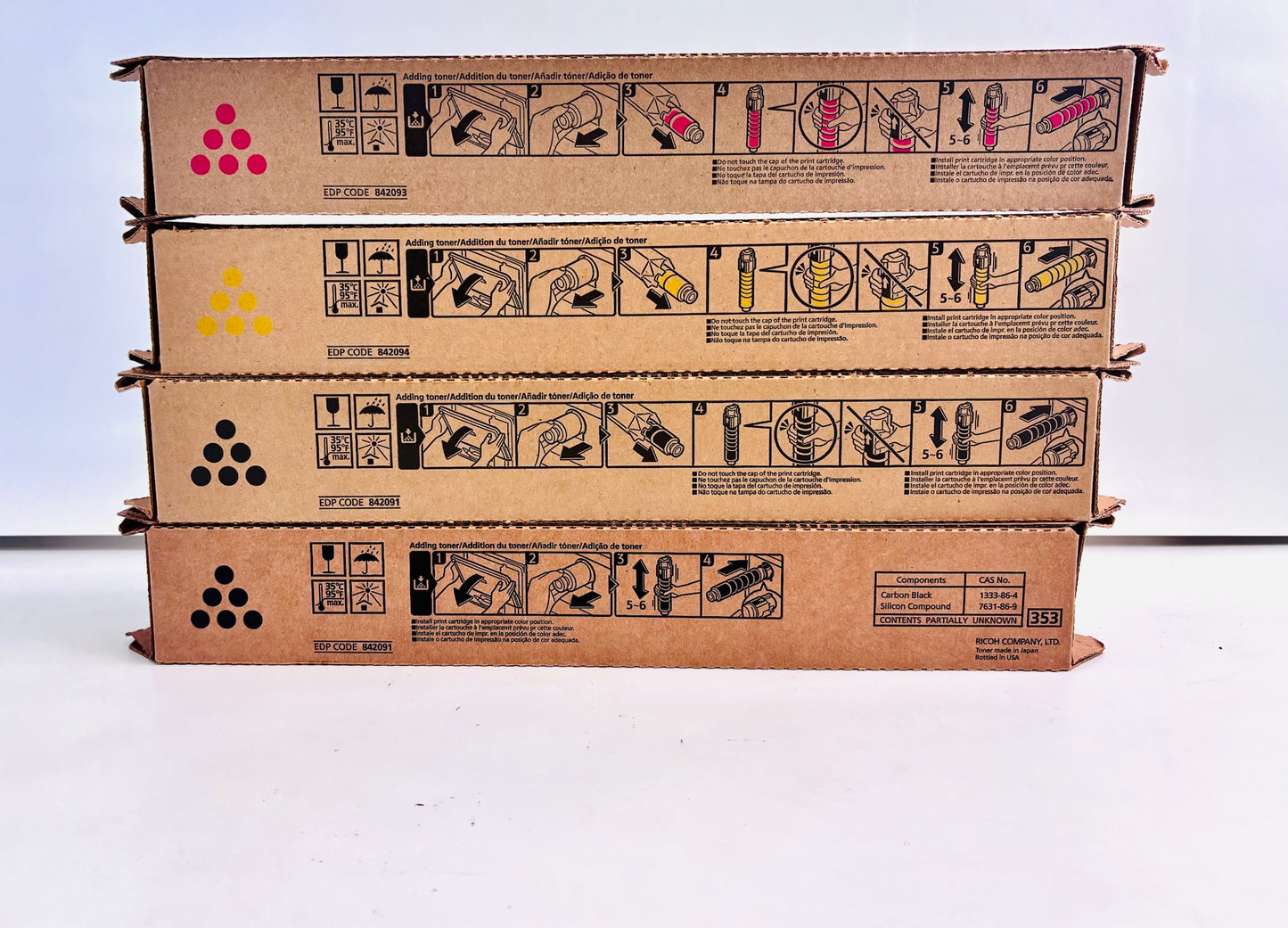 4 Genuine Ricoh C306, C407 Magenta, Yellow, Black Toners 842091, 842093, 842094