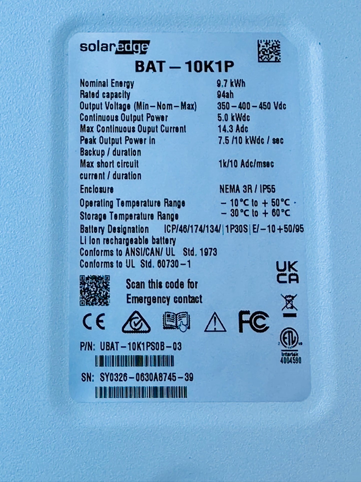 Demo SolarEdge BAT-10K1P Lithium-Ion Battery Energy Storage System (2036)